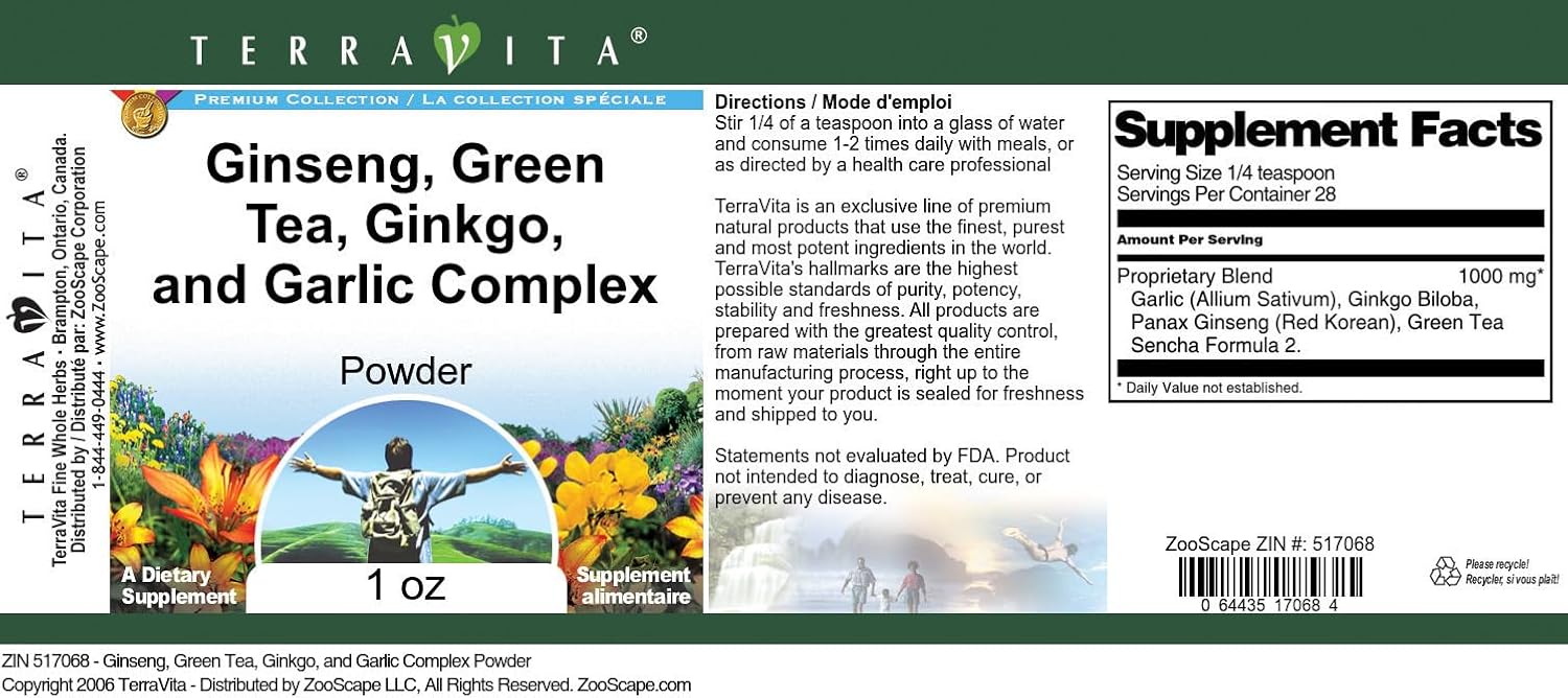 Terravita Ginseng, Green Tea, Ginkgo, Garlic Complex Powder 1 oz - 3 Pack (ZIN: 517068)