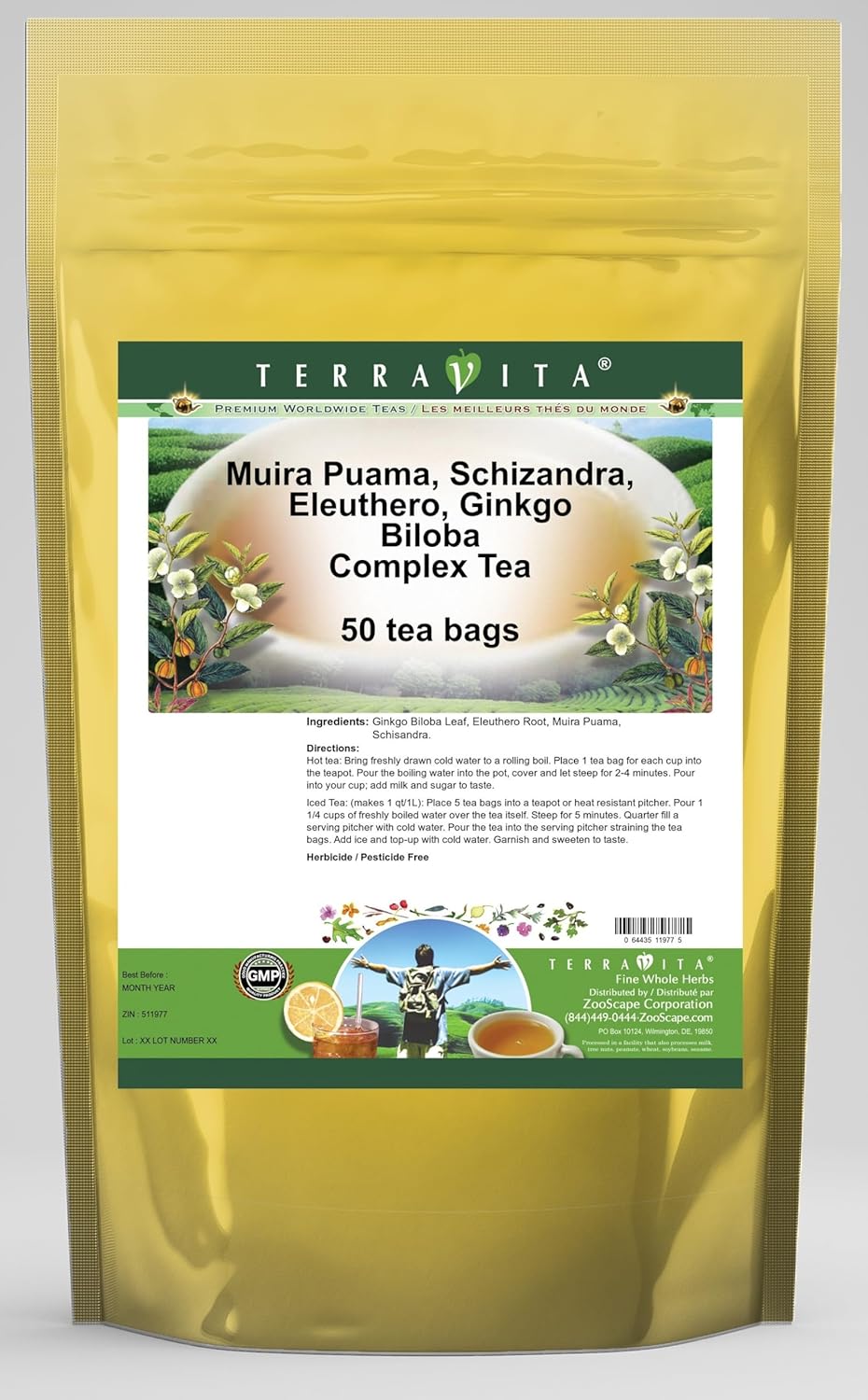 Terravita Herbal Tea Blend with Muira Puama, Schizandra, Eleuthero, and Ginkgo Biloba - 50 Tea Bags