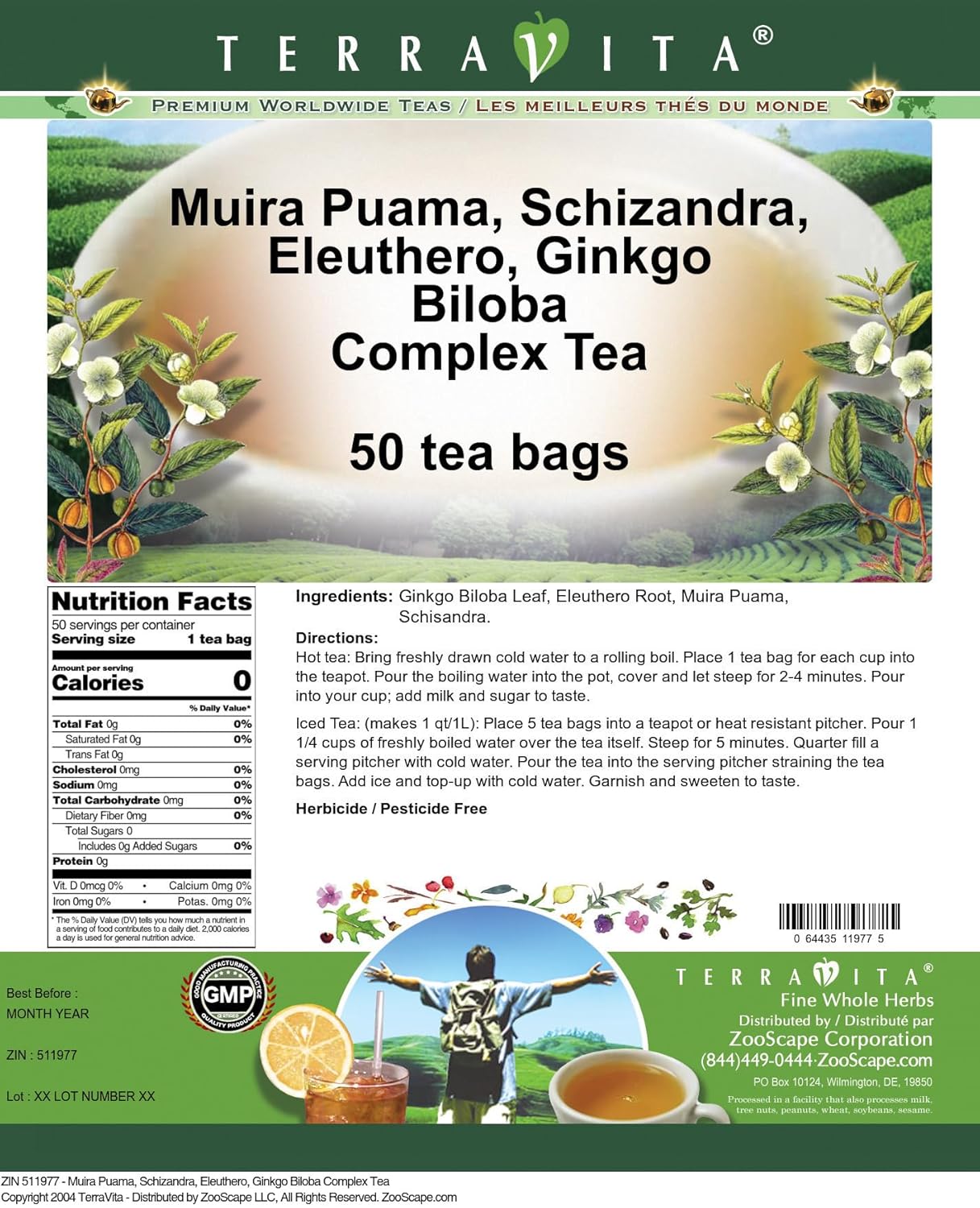 Terravita Herbal Tea Blend with Muira Puama, Schizandra, Eleuthero, and Ginkgo Biloba - 50 Tea Bags