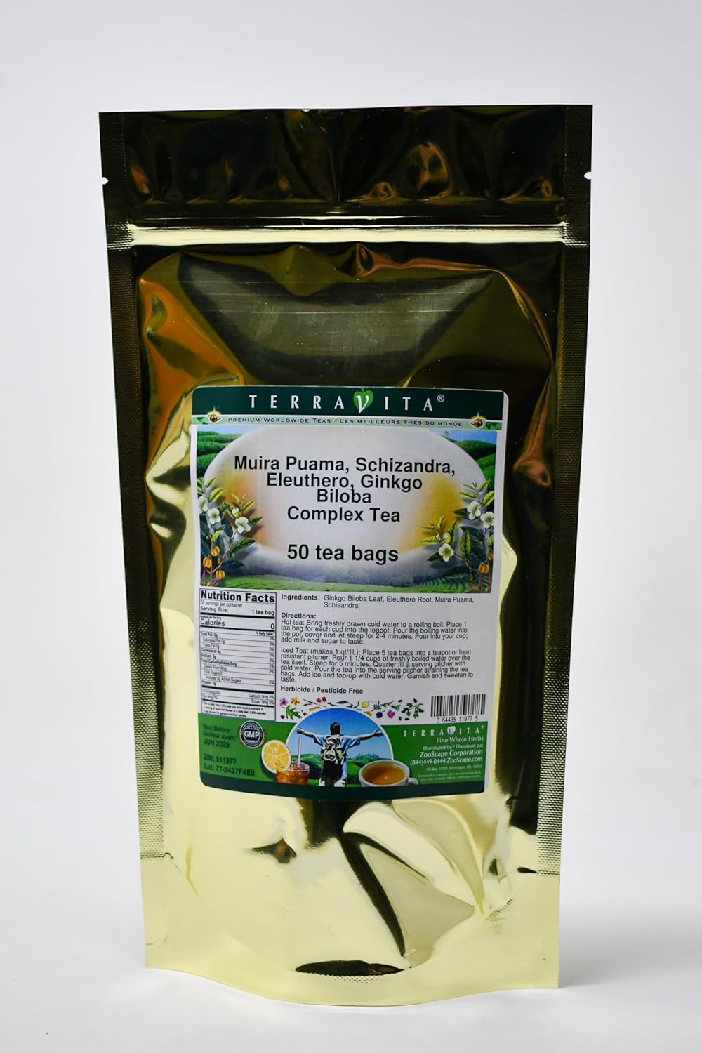 Terravita Herbal Tea Blend with Muira Puama, Schizandra, Eleuthero, and Ginkgo Biloba - 50 Tea Bags
