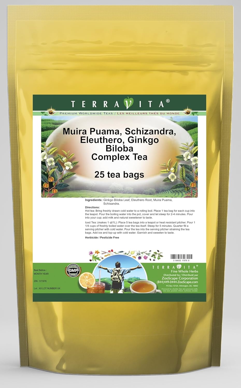 Terravita Muira Puama, Schizandra, Eleuthero, Ginkgo Biloba Tea Blend - 25 Tea Bags