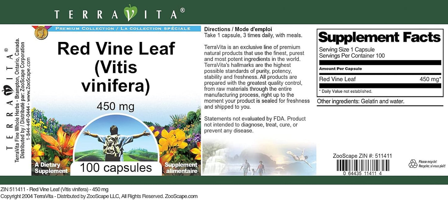 Terravita Red Vine Leaf Capsules 450mg - Vitis vinifera Supplement (200 Capsules)