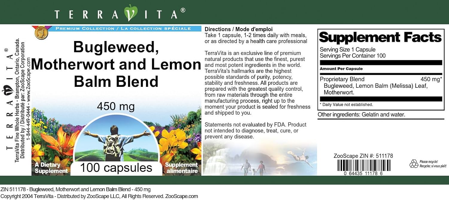 Terravita Thyroid Support Capsules with Bugleweed, Motherwort, and Lemon Balm - 450mg - 300 Capsules in Total