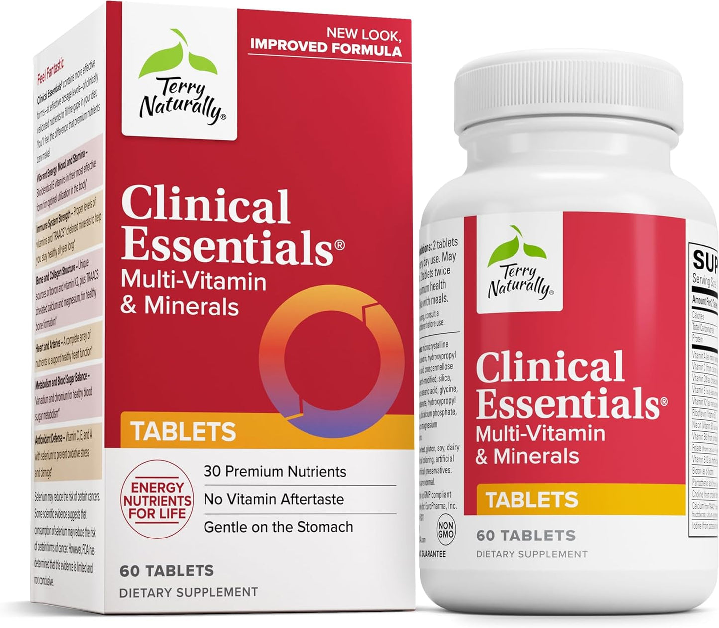 Terry Naturally Clinical Essentials - 60 Tablets - Premium Multivitamin & Mineral Supplement - Gentle On Stomach, No Aftertaste - Non-GMO, Gluten-Free - 30 Servings