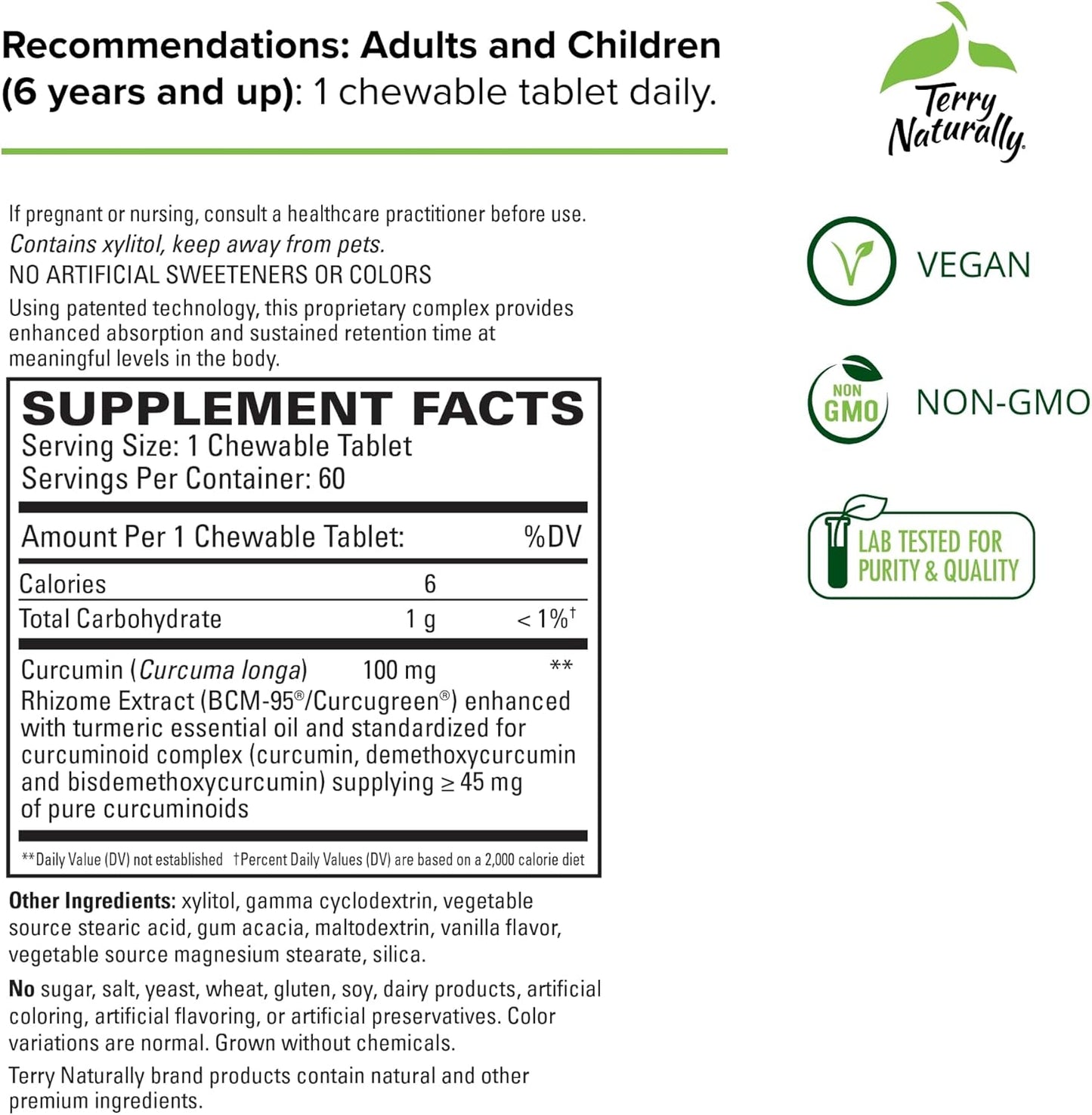 Terry Naturally CuraMed 100mg Curcumin Complex Chewables for Brain & Liver Health - Enhanced Absorption Turmeric Supplement - Vegan - 60 Tablets