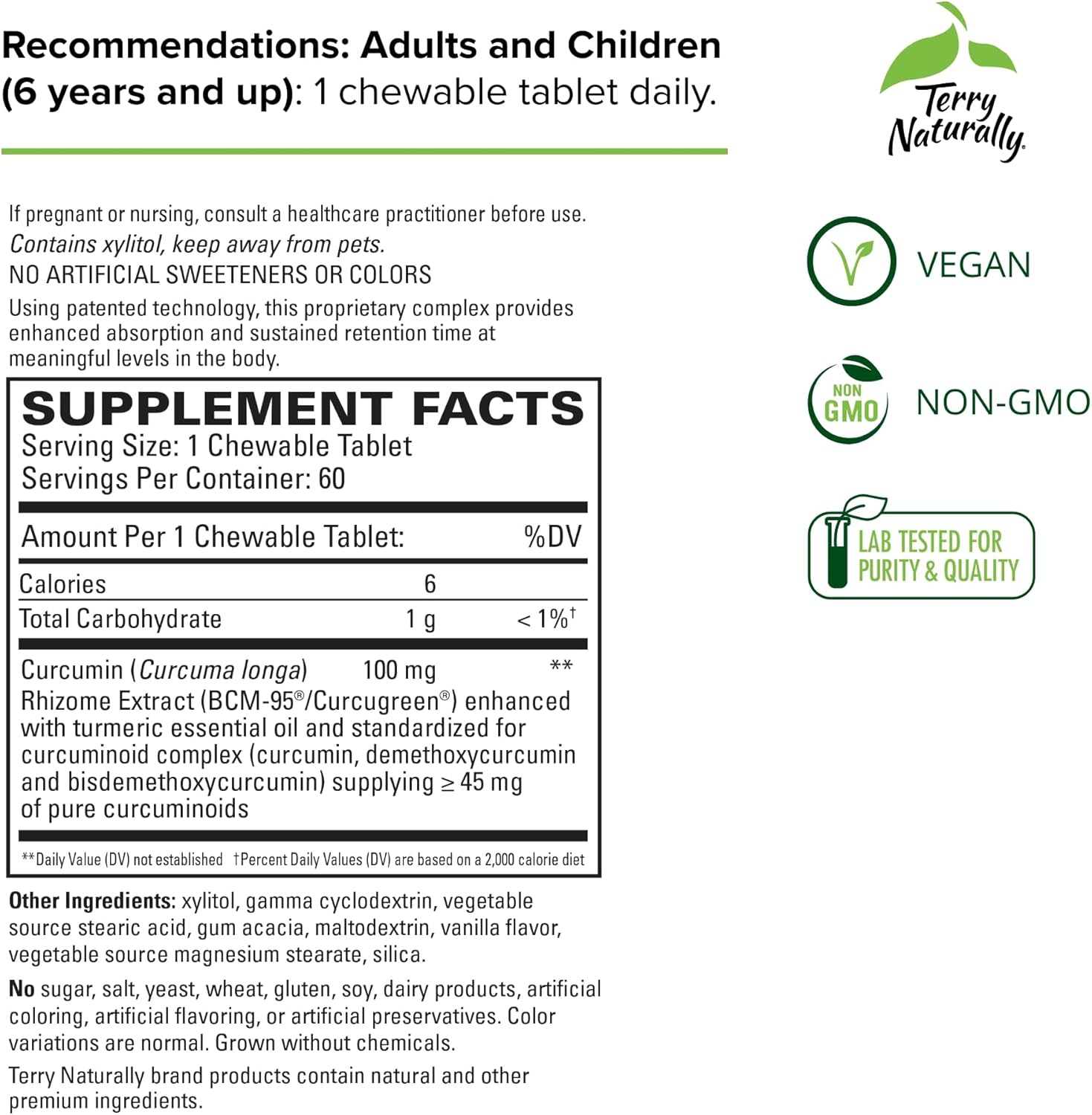 Terry Naturally CuraMed 100mg Curcumin Complex Chewables for Brain & Liver Health - Enhanced Absorption Turmeric Supplement - Vegan - 60 Tablets