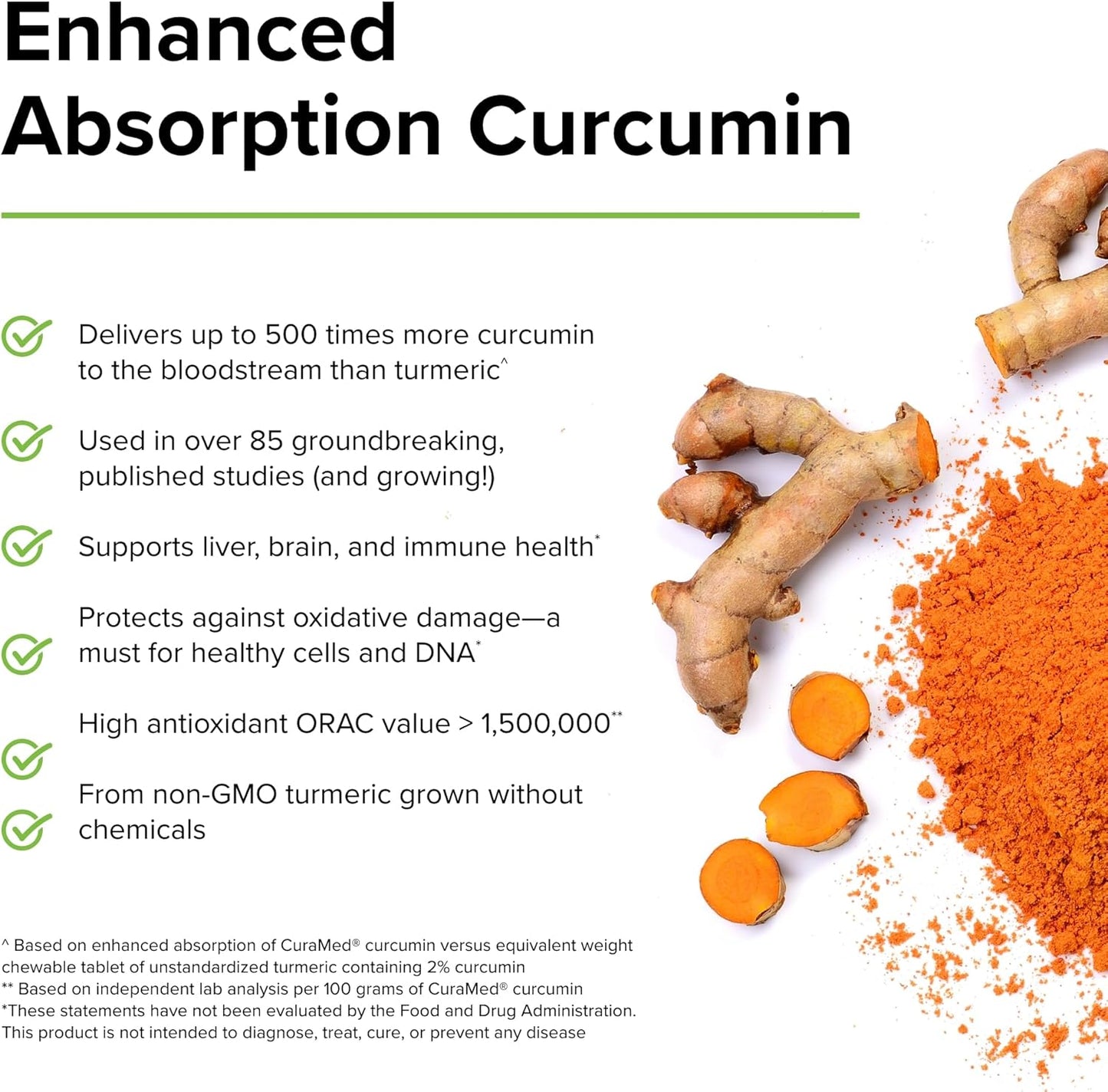 Terry Naturally CuraMed 100mg Curcumin Complex Chewables for Brain & Liver Health - Enhanced Absorption Turmeric Supplement - Vegan - 60 Tablets