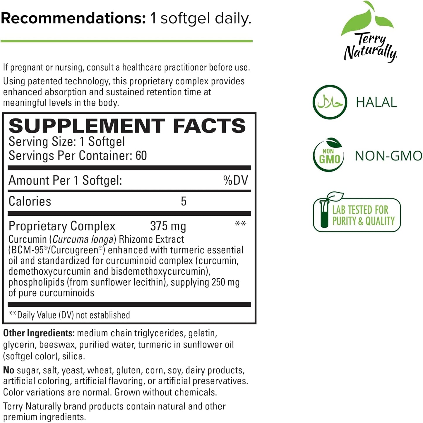 Terry Naturally CuraMed 375mg Curcumin Complex Softgels - 2 Pack, 60ct - High Absorption BCM-95 - Non-GMO, Gluten-Free, Halal