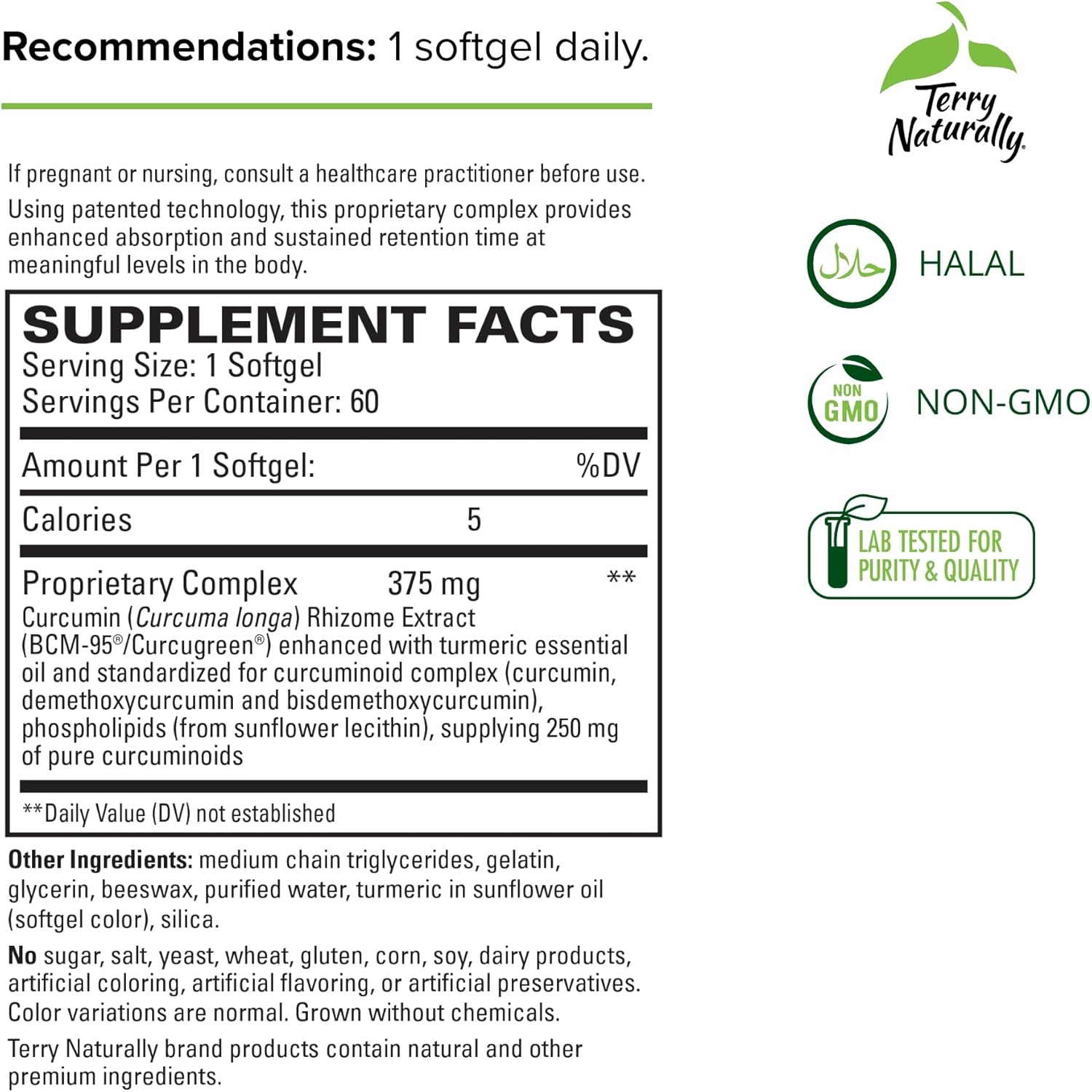 Terry Naturally CuraMed 375mg Curcumin Complex Softgels - 2 Pack, 60ct - High Absorption BCM-95 - Non-GMO, Gluten-Free, Halal