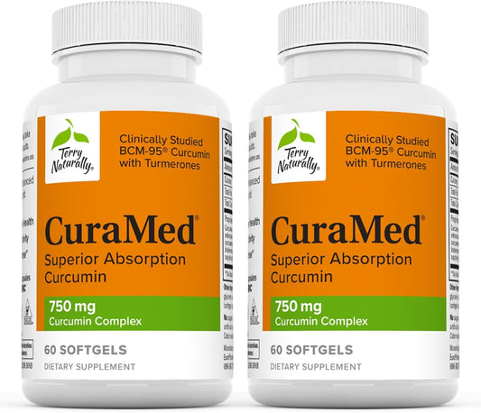 Terry Naturally CuraMed 750mg Curcumin Complex Softgels - Pack of 2, 60 Count - Enhanced Absorption BCM-95 - Non-GMO, Gluten Free, Halal - 120 Servings Total