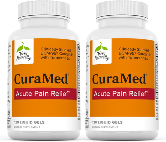 Terry Naturally CuraMed Acute Pain Relief Liquid Gels - BCM-95 Curcumin & BOS-10 Boswellia Supplement - Black Sesame Seed Oil for Occasional Discomfort - 240 Capsules