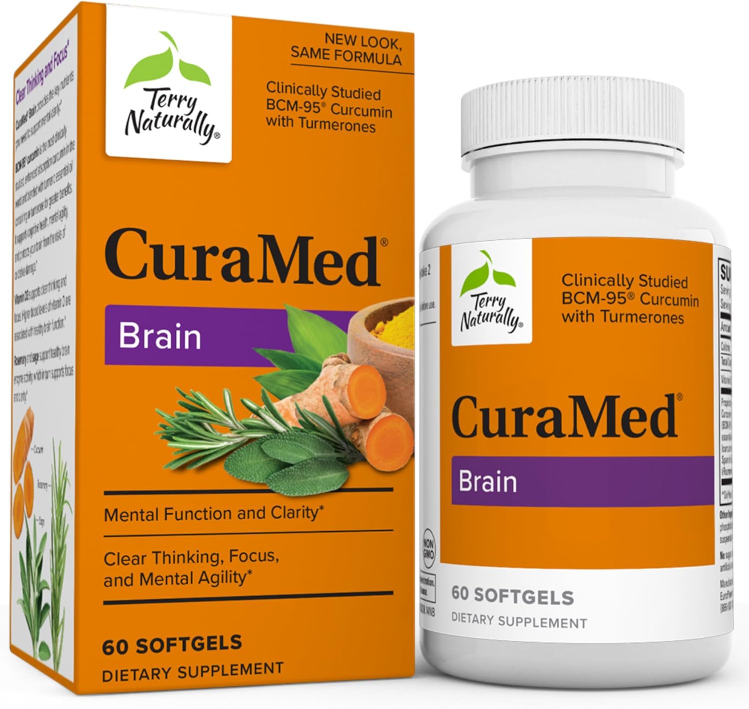 Terry Naturally CuraMed Brain Softgels - 60 Count with BCM-95 Curcumin, Vitamin D3, Rosemary & Sage - Non-GMO, Gluten Free - 30 Servings