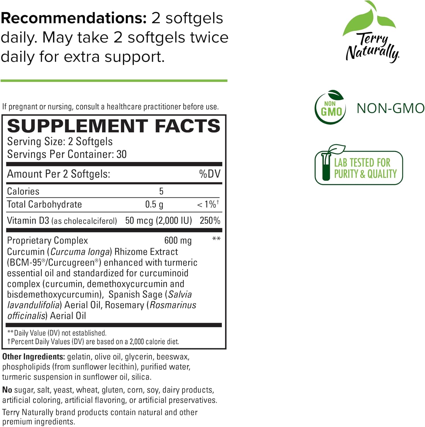 Terry Naturally CuraMed Brain Softgels - 60 Count with BCM-95 Curcumin, Vitamin D3, Rosemary & Sage - Non-GMO, Gluten Free - 30 Servings