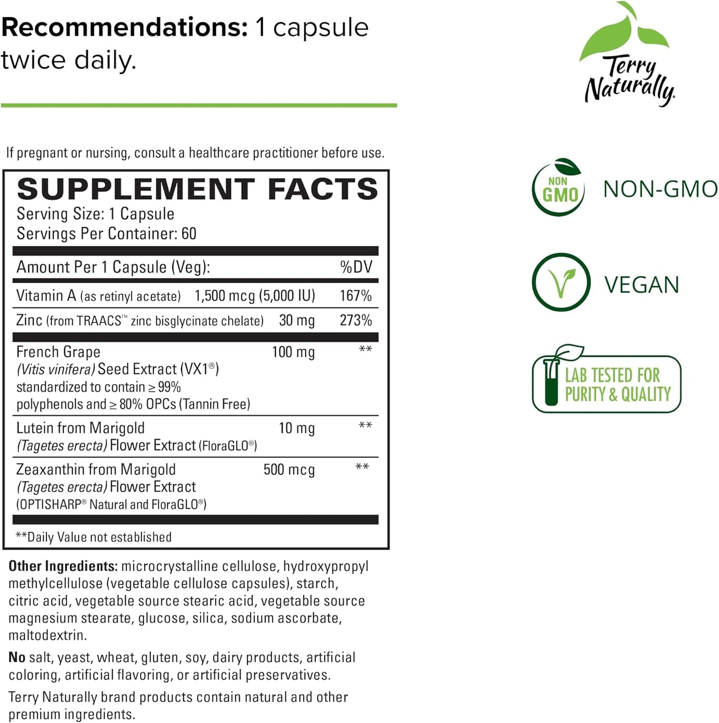 Terry Naturally Healthy Night Vision Capsules - Antioxidant Supplement for Eye Health, Macula Support with Zinc & Vitamin A