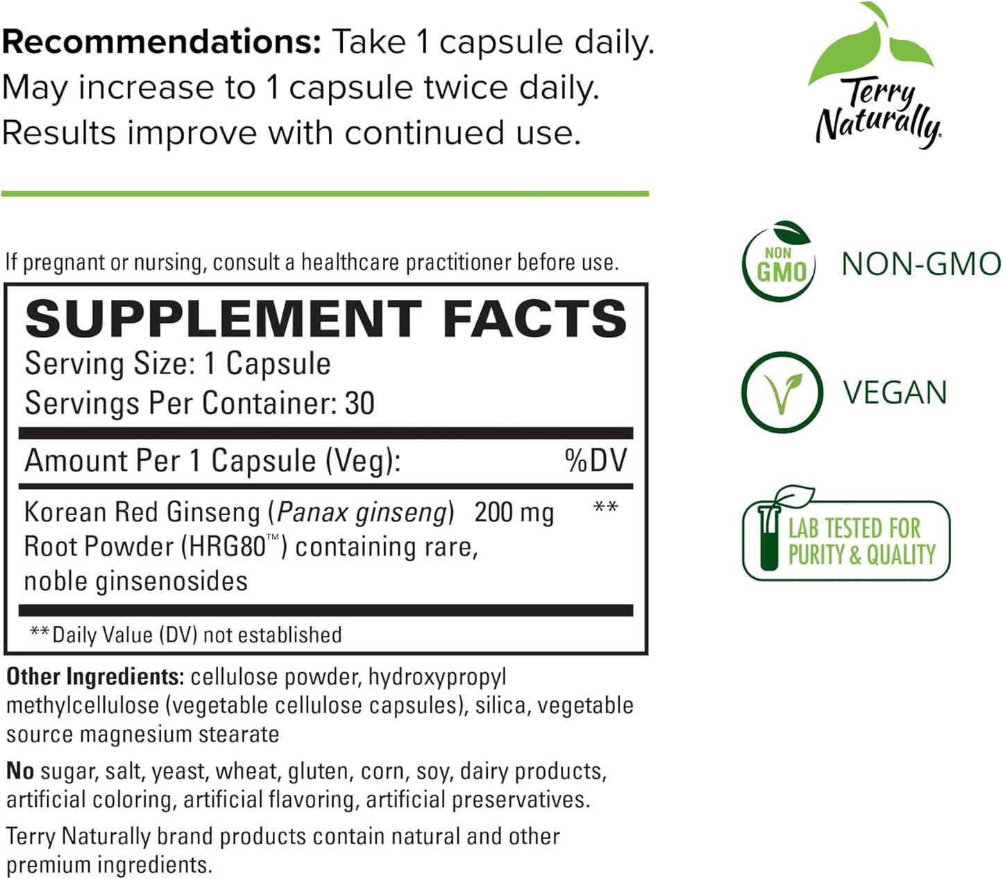 Terry Naturally HRG80 Red Ginseng Energy Capsules - 60 Servings, Pack of 2 - Non-GMO, Vegan, Gluten Free - Red Ginseng Root & Panax Ginseng
