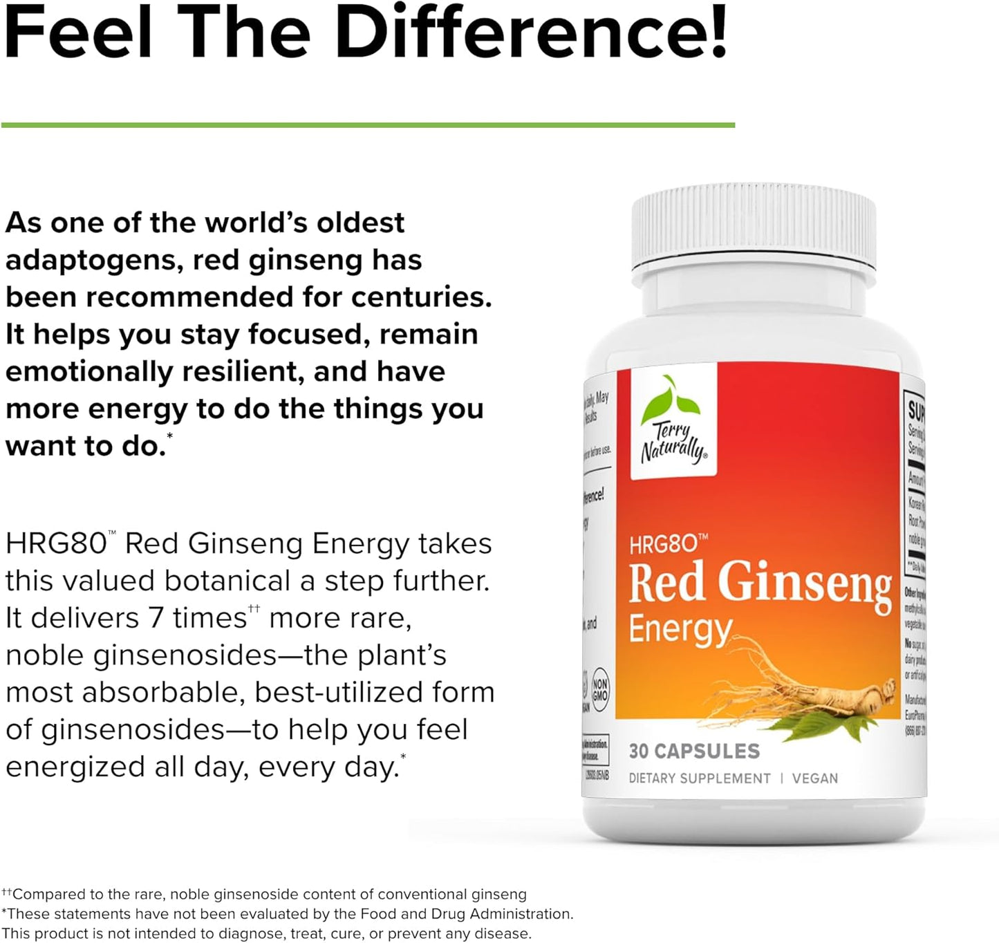 Terry Naturally HRG80 Red Ginseng Energy Capsules - 60 Servings, Pack of 2 - Non-GMO, Vegan, Gluten Free - Red Ginseng Root & Panax Ginseng