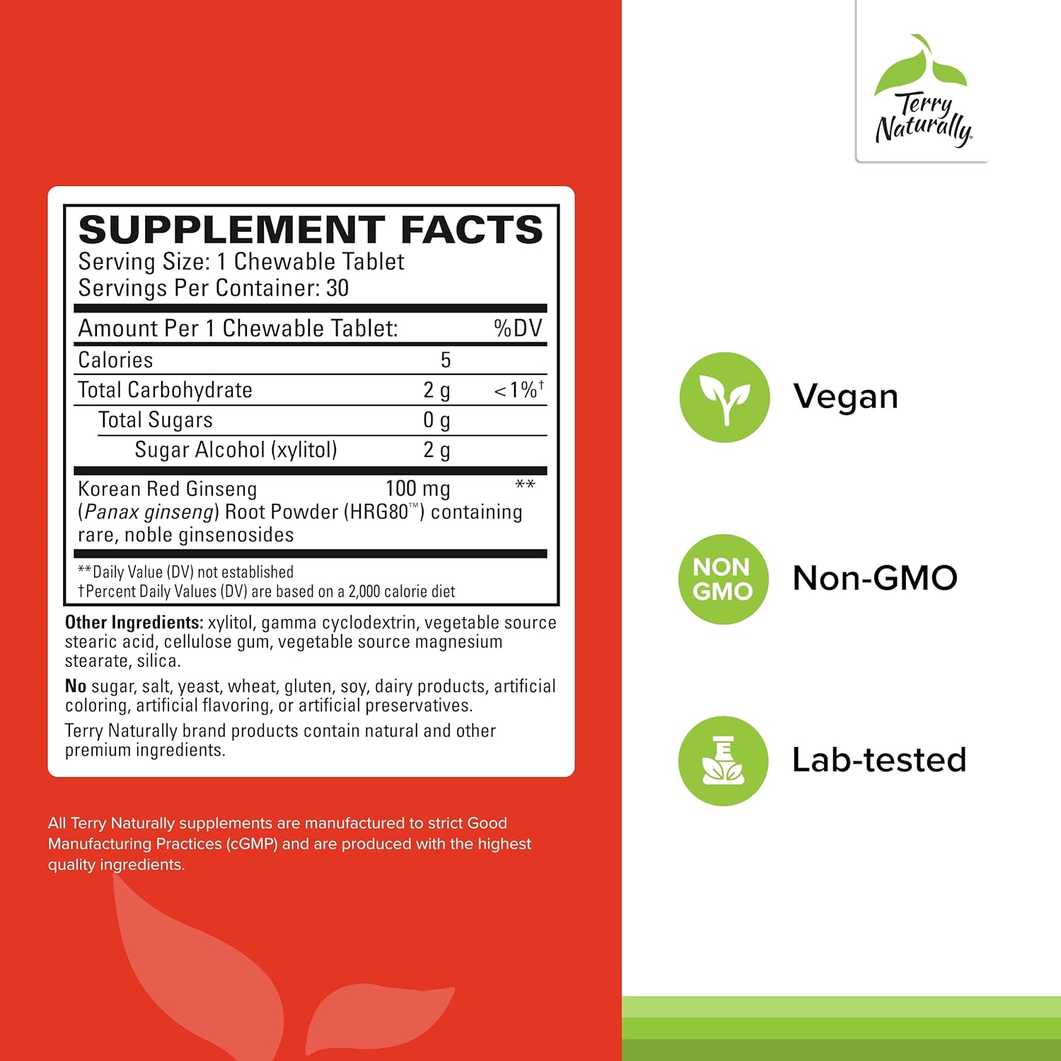 Terry Naturally HRG80 Red Ginseng Energy Tablets - Boost Energy & Focus - Korean Red Ginseng Root Supplement for Endurance - 60 Chewable Tablets