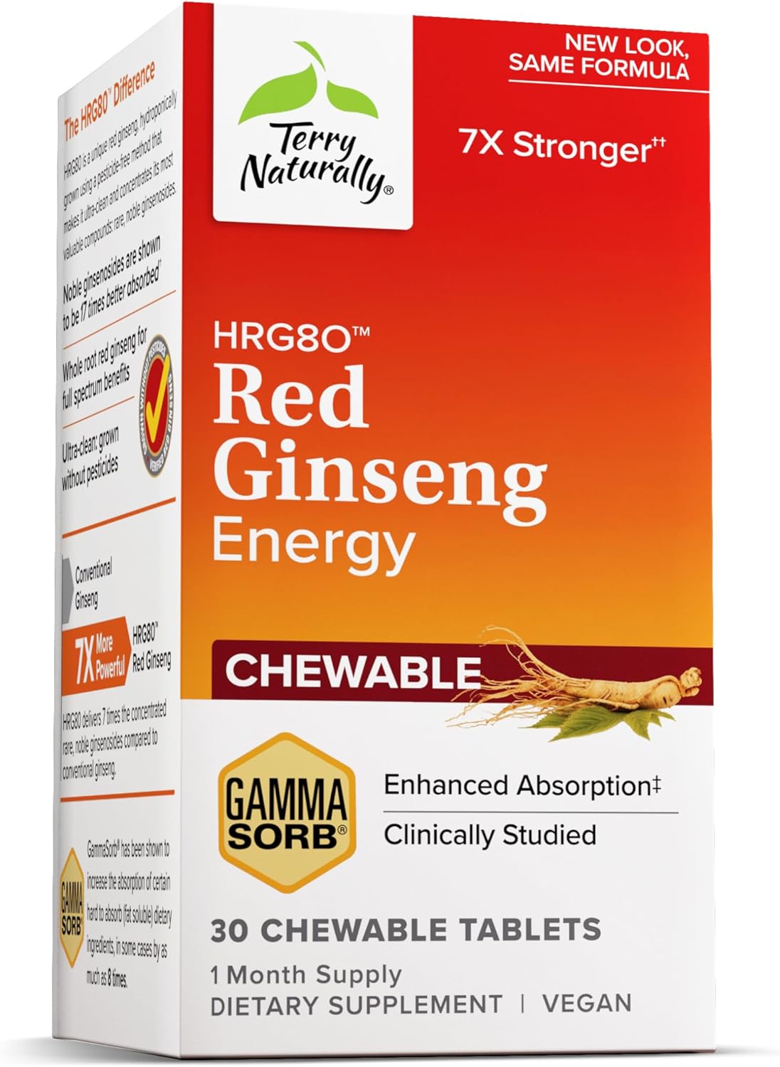 Terry Naturally HRG80 Red Ginseng Energy Tablets - Boost Energy & Focus - Korean Red Ginseng Root Supplement for Endurance - 60 Chewable Tablets