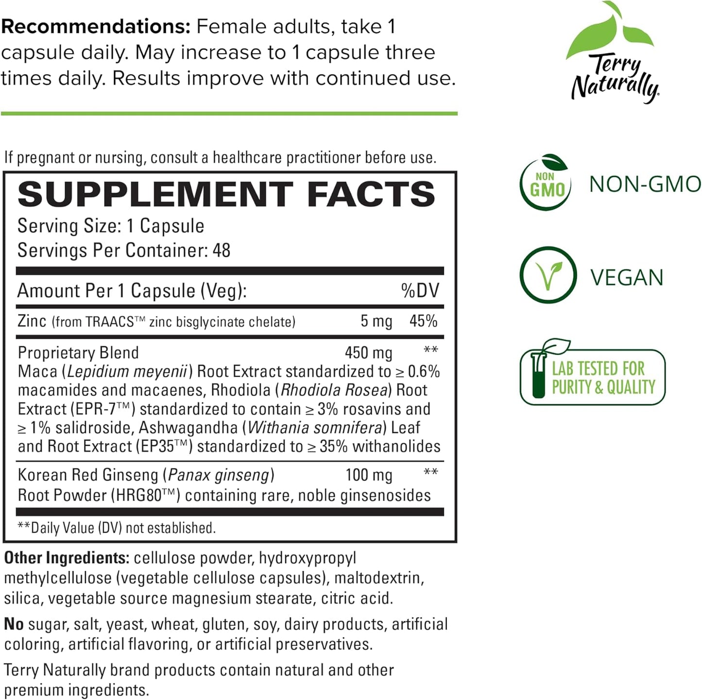 Terry Naturally HRG80 Red Ginseng Female Vitality Support Supplement - Boost Circulation, Endurance & Energy - With Ashwagandha, Red Ginseng & Zinc - 48 Capsules
