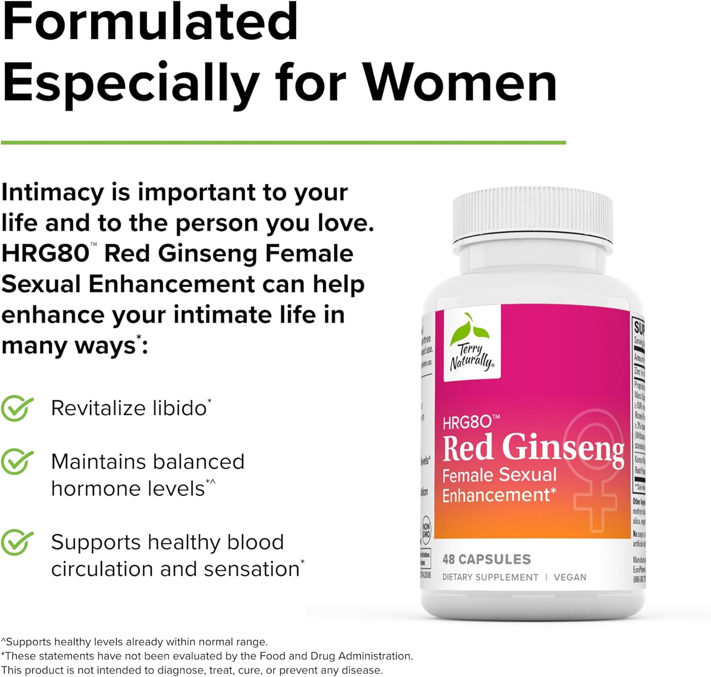 Terry Naturally HRG80 Red Ginseng Female Vitality Support Supplement - Boost Circulation, Endurance & Energy - With Ashwagandha, Red Ginseng & Zinc - 48 Capsules