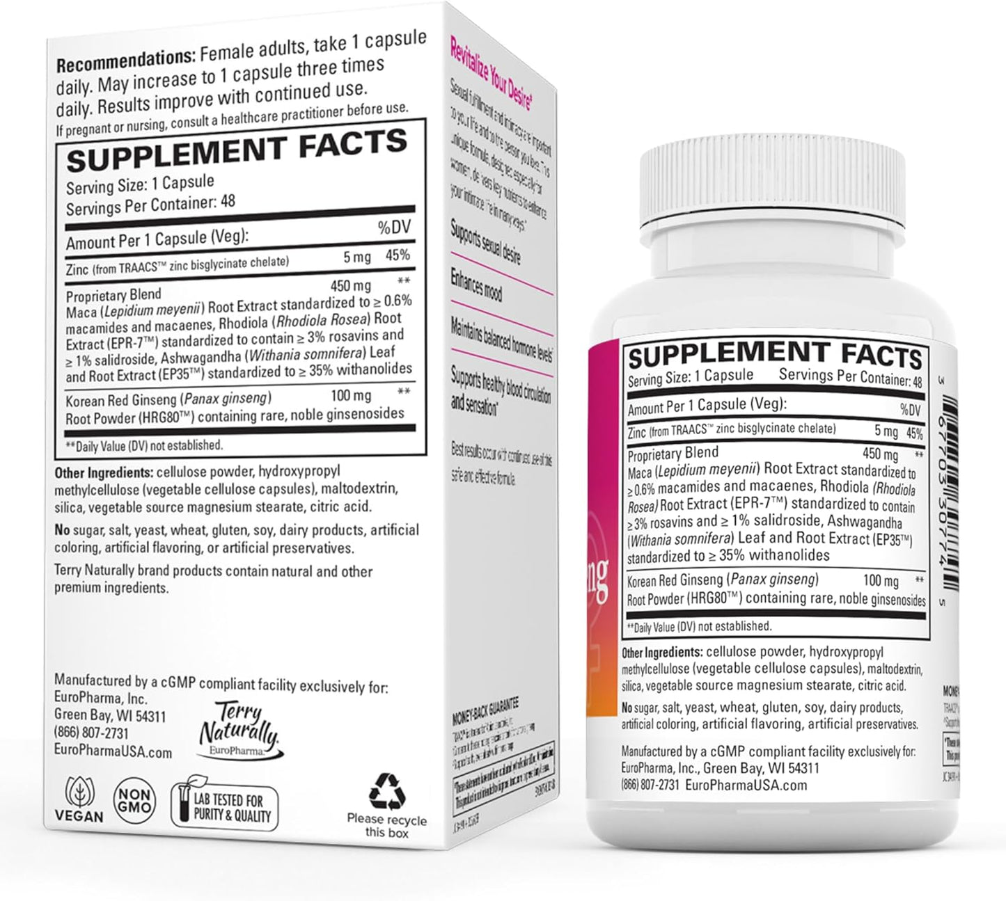 Terry Naturally HRG80 Red Ginseng Female Vitality Support Supplement - Boost Circulation, Endurance & Energy - With Ashwagandha, Red Ginseng & Zinc - 48 Capsules