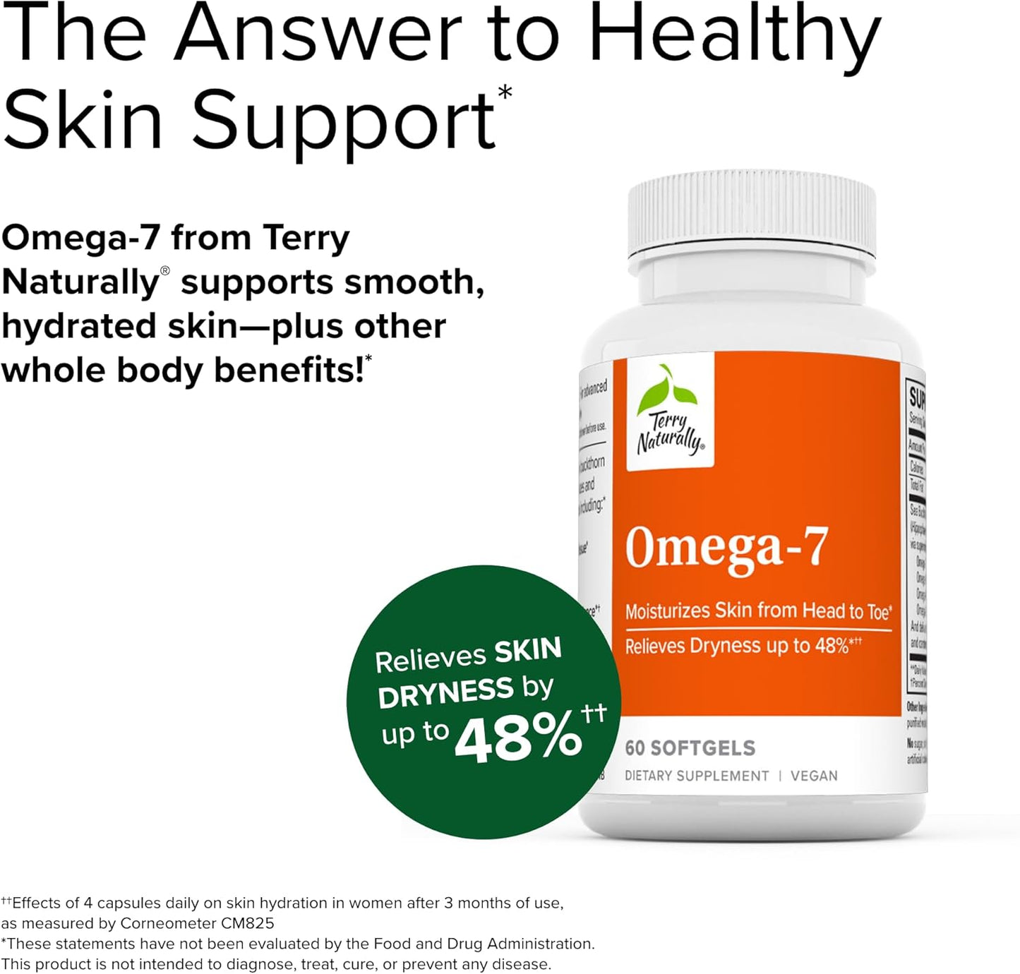 Terry Naturally Omega-7 Softgels - Skin Health Support Supplement with Sea Buckthorn - Pack of 120 Capsules