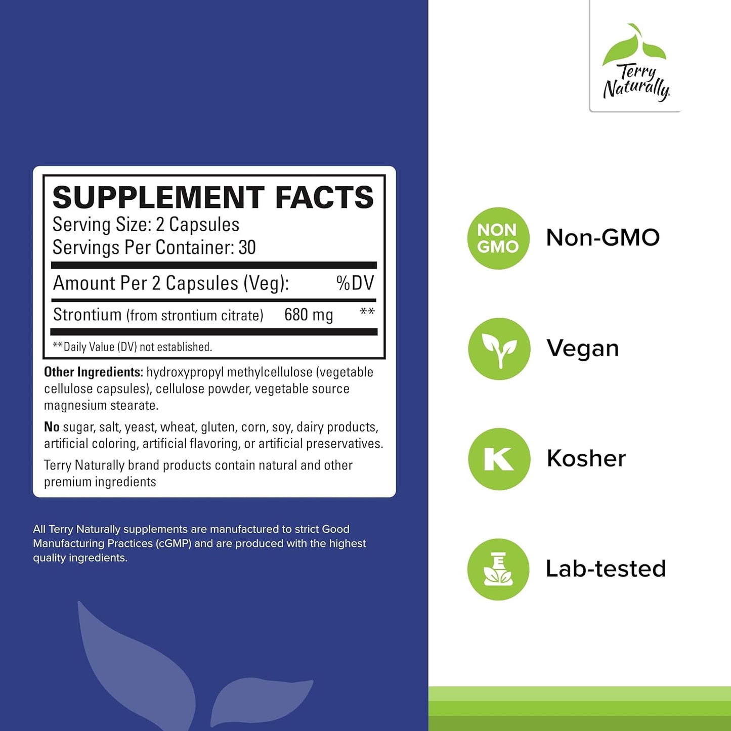 Terry Naturally Strontium Capsules - Promotes Bone Strength & Density - Non-GMO, Gluten Free, Kosher - 30 Servings