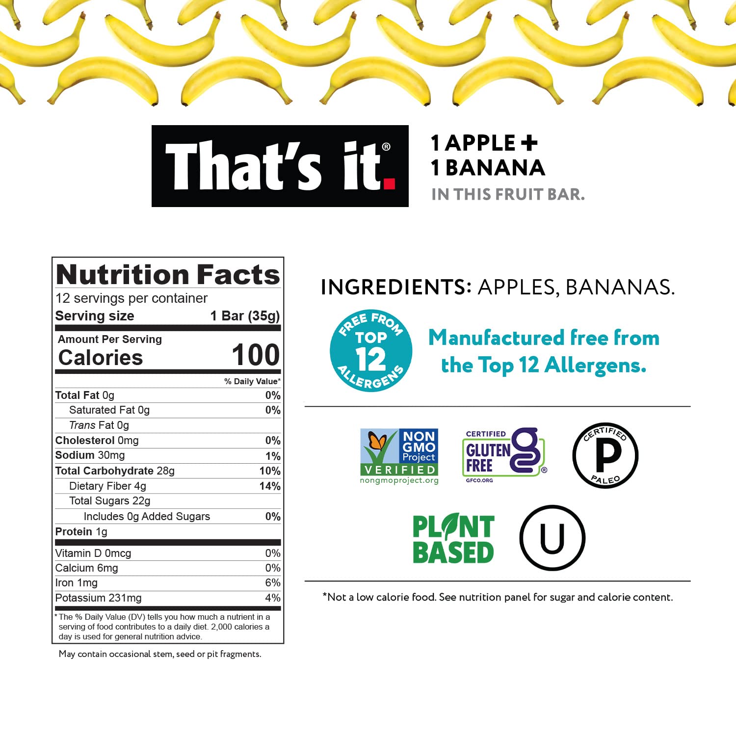 That's It Nutrition Apples + Banana 100% Natural Real Fruit Bar, Paleo Snack for Kids & Adults, Non GMO Sugar-Free, No Preservatives, 14.4 Oz, 12 Pack