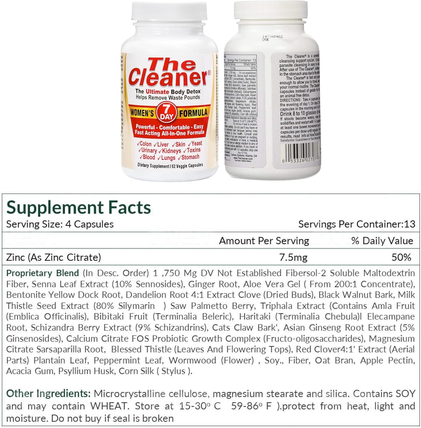 The Cleaner Detox: 7-Day Complete Internal Cleansing Formula for Women, 52 Vegetarian Capsules - Promotes Digestive Health by Century Systems
