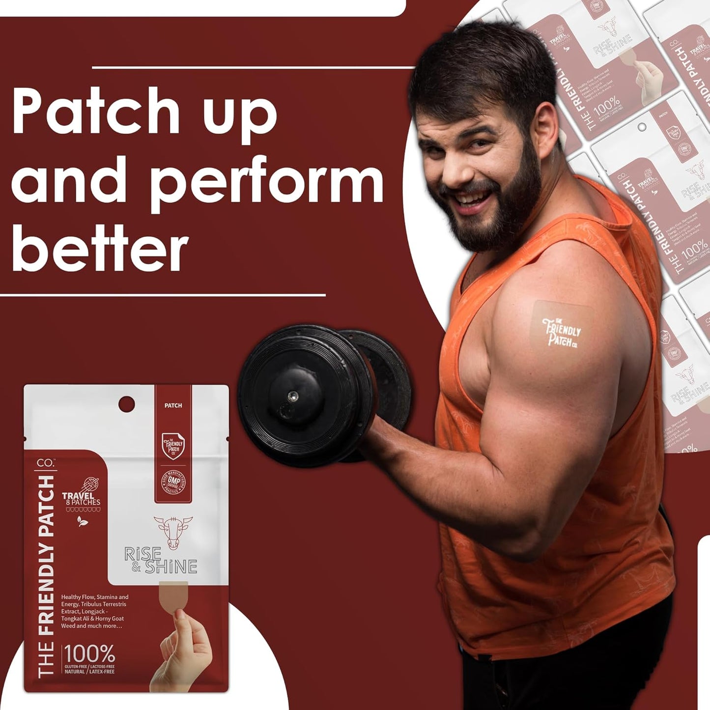 The Friendly Patch Rise & Shine: Stamina & Performance Patches with Tongkat Ali, Horny Goat Weed, Tribulus Terrestris, Black Maca - 8 Pack for Men & Women