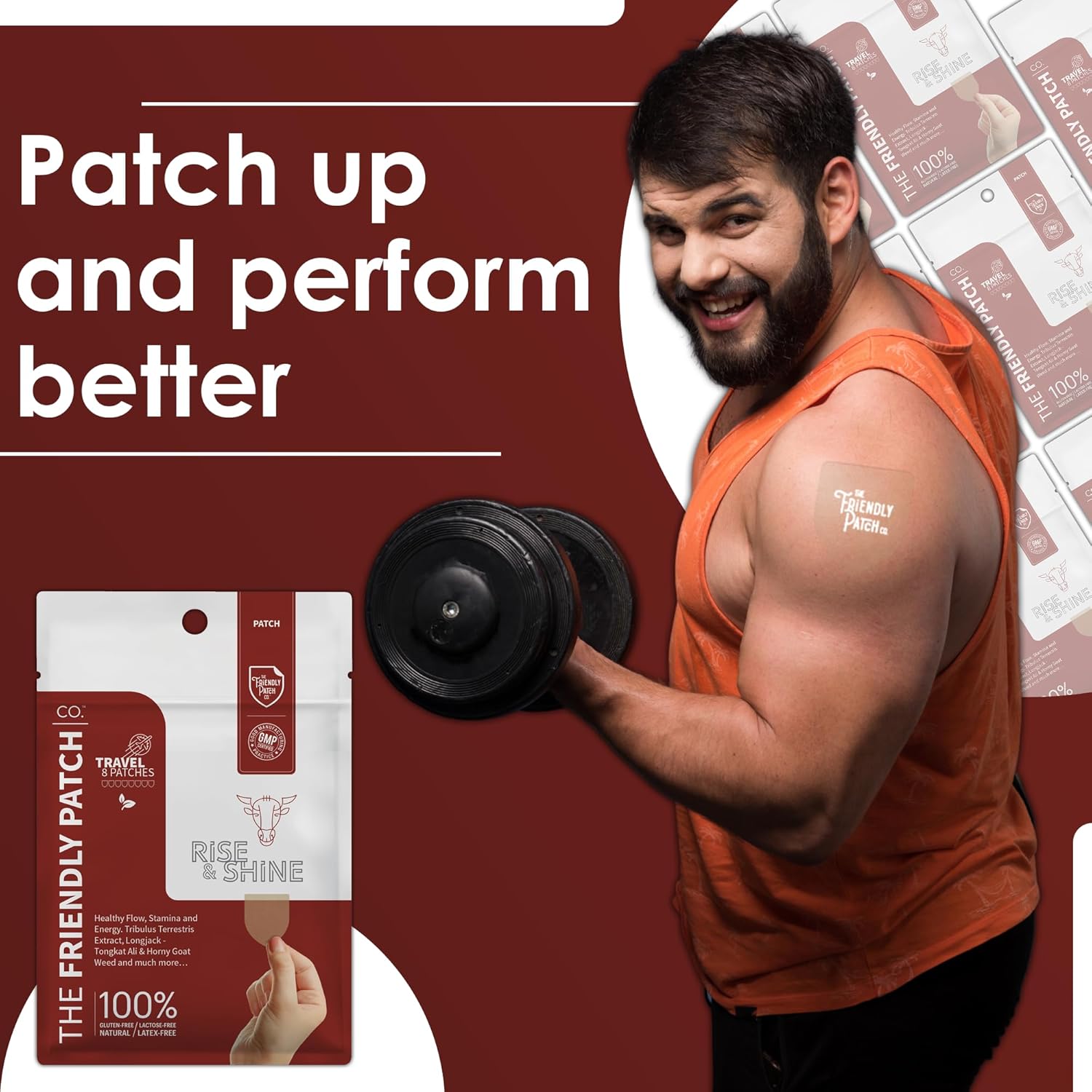 The Friendly Patch Rise & Shine: Stamina & Performance Patches with Tongkat Ali, Horny Goat Weed, Tribulus Terrestris, Black Maca - 8 Pack for Men & Women