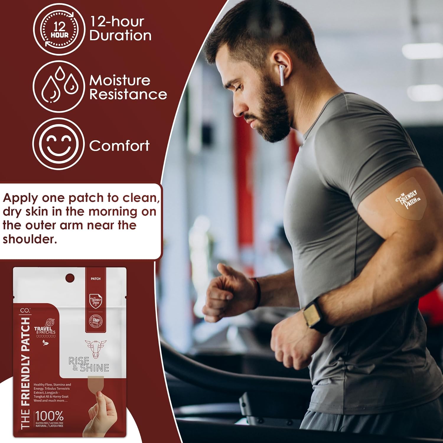 The Friendly Patch Rise & Shine: Stamina & Performance Patches with Tongkat Ali, Horny Goat Weed, Tribulus Terrestris, Black Maca - 8 Pack for Men & Women