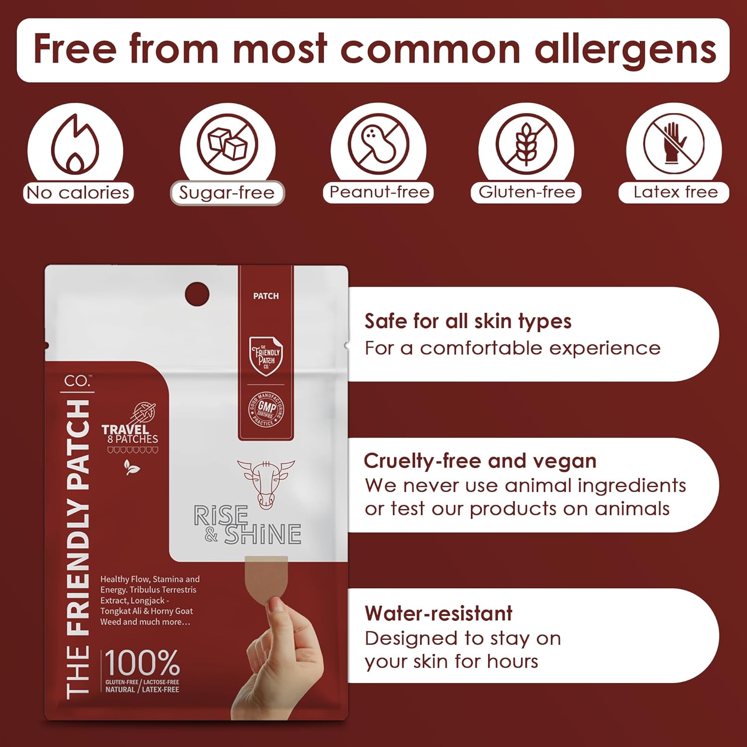 The Friendly Patch Rise & Shine: Stamina & Performance Patches with Tongkat Ali, Horny Goat Weed, Tribulus Terrestris, Black Maca - 8 Pack for Men & Women