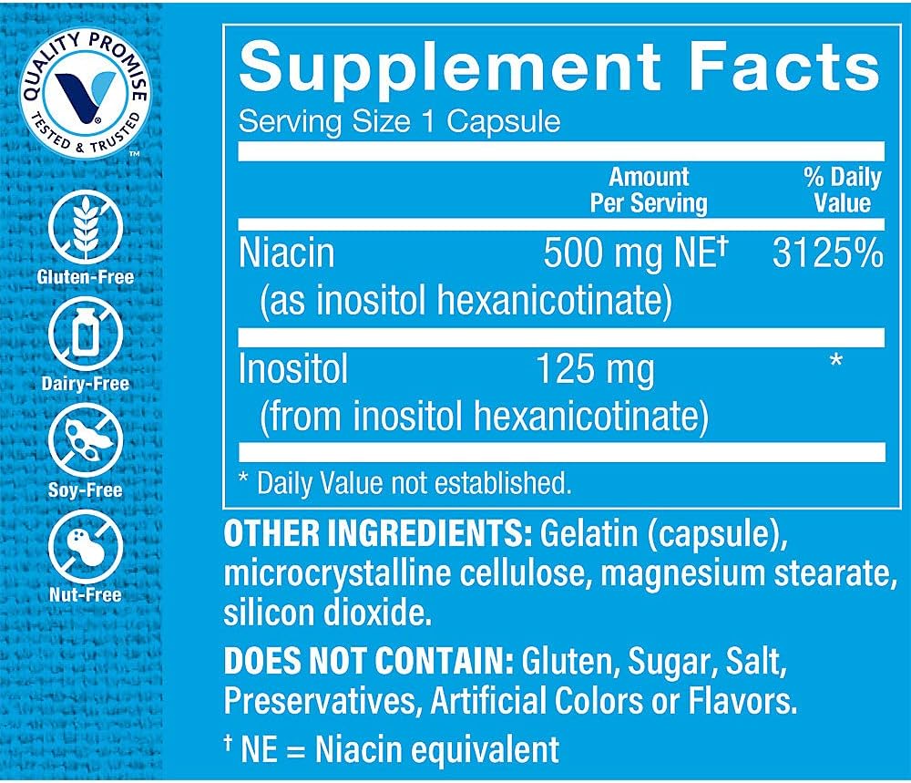 The Vitamin Shoppe No Flush Niacin 500MG Capsules for Metabolism & Energy, Promotes Healthy Cholesterol Levels, 100ct