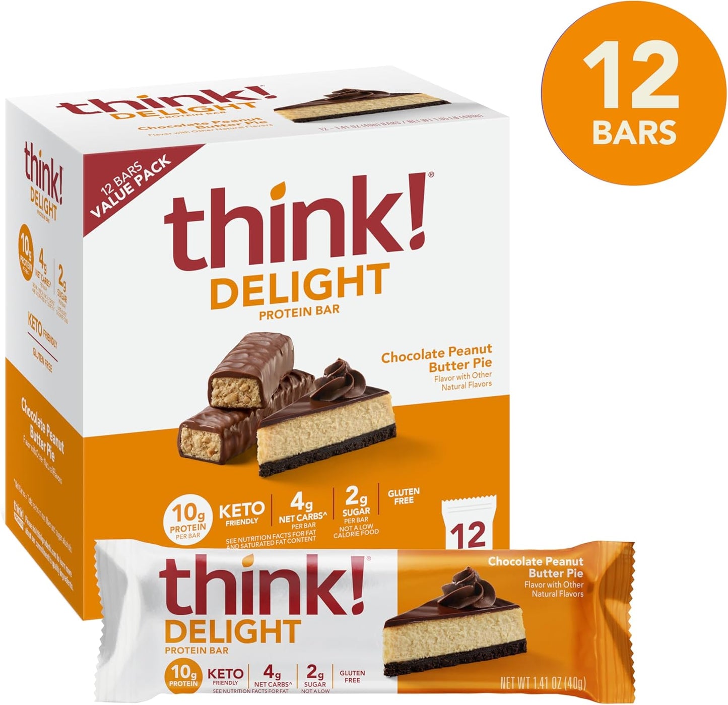 think! Delight Chocolate Peanut Butter Pie Protein Bars - 12 Count, Gluten Free Snack