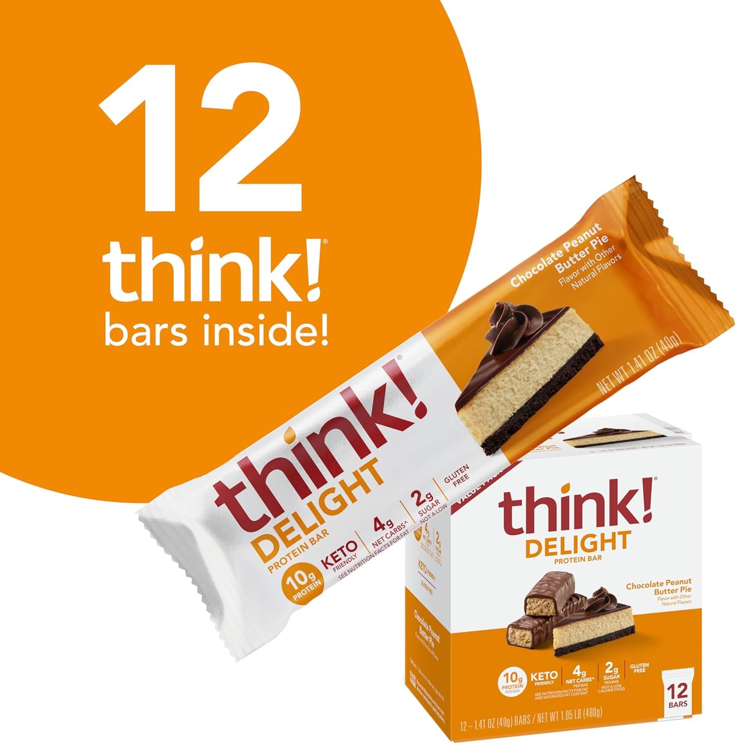 think! Delight Chocolate Peanut Butter Pie Protein Bars - 12 Count, Gluten Free Snack
