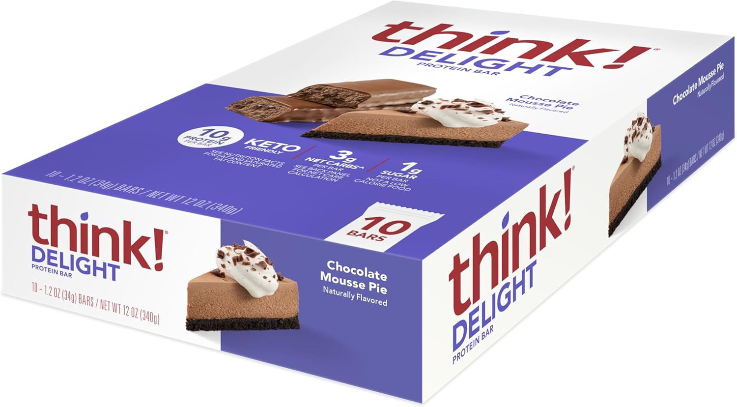 think! Delight Keto Protein Bars - Chocolate Mousse Pie Flavor, Gluten Free, Low Carb Snack, 10 Count Pack - BoostGo Australia