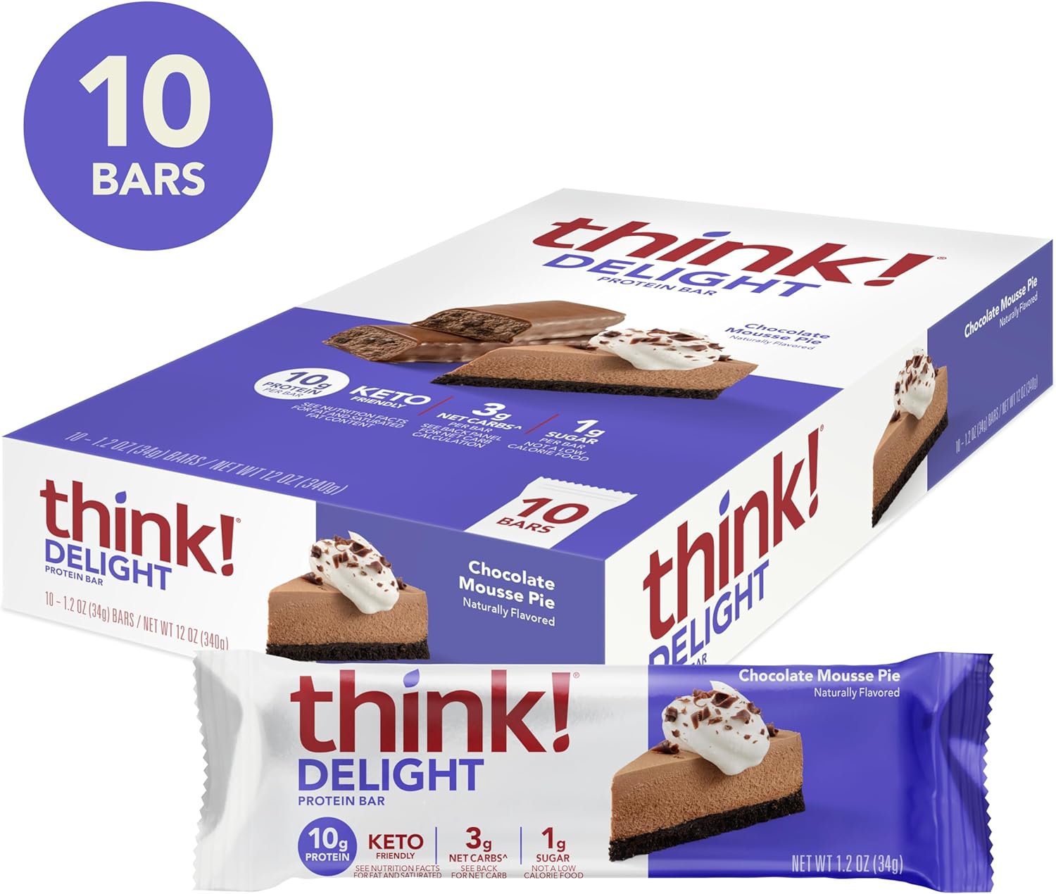 think! Delight Keto Protein Bars - Chocolate Mousse Pie Flavor, Gluten Free, Low Carb Snack, 10 Count Pack - BoostGo Australia