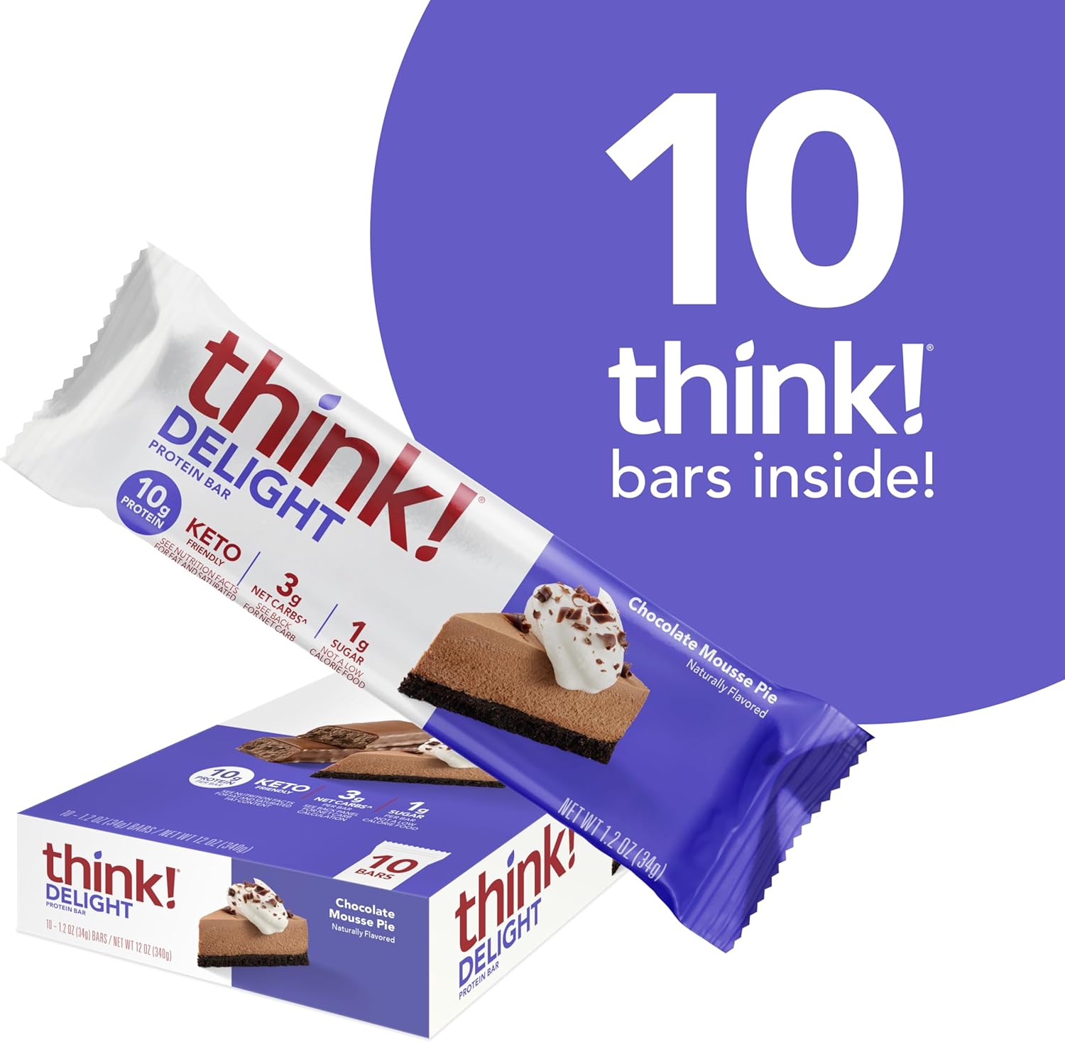 think! Delight Keto Protein Bars - Chocolate Mousse Pie Flavor, Gluten Free, Low Carb Snack, 10 Count Pack - BoostGo Australia