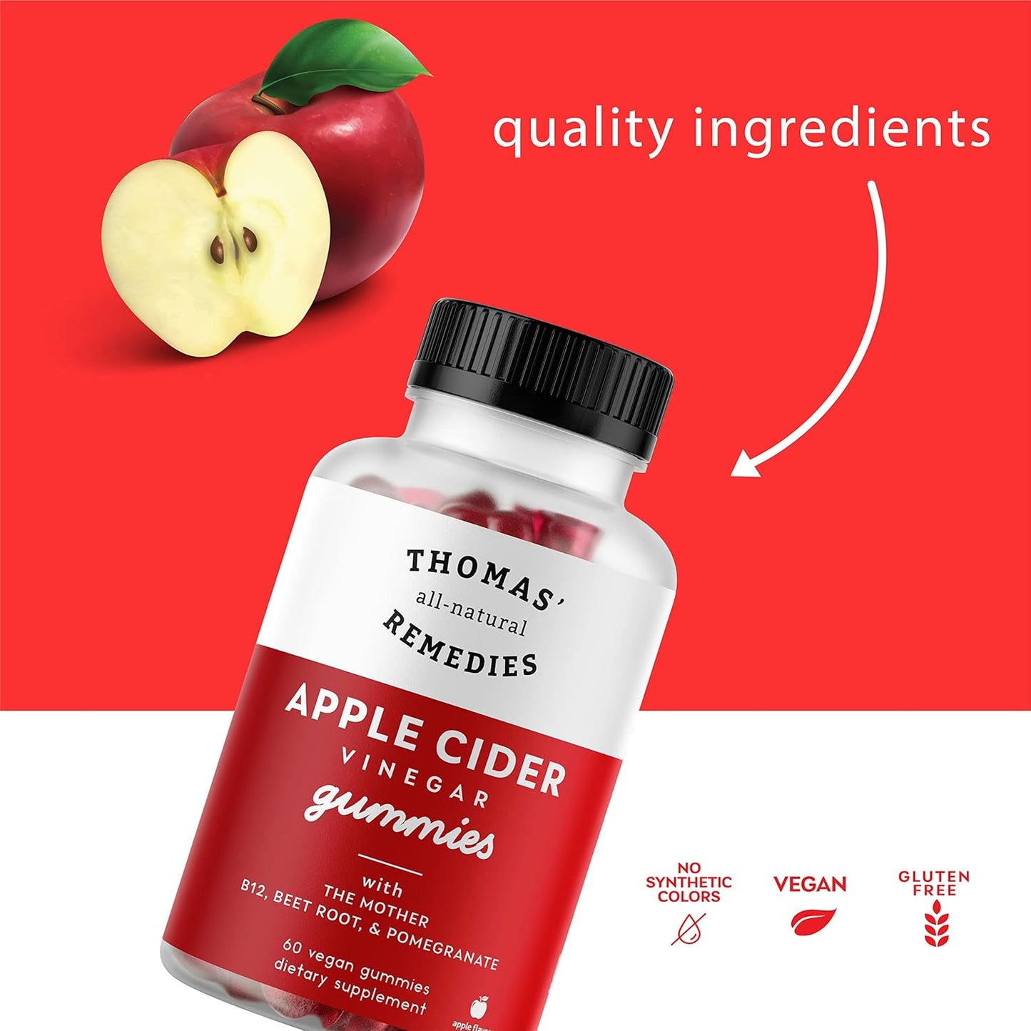 Thomas' All-Natural Apple Cider Vinegar Gummies with Beet Root, Pomegranate, B9 & B12 Vitamins - 1000mg ACV Gummies - Gelatin-Free, Gluten-Free, Vegan & Non-GMO - 60 Count
