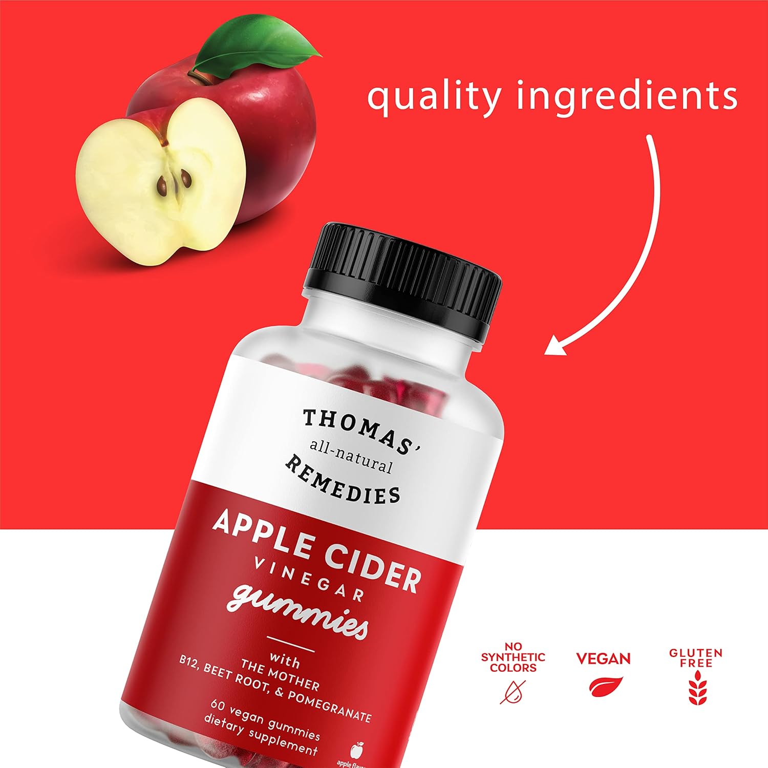 Thomas' All-Natural Apple Cider Vinegar Gummies with Beet Root, Pomegranate, B9 & B12 Vitamins - 1000mg ACV Gummies - Gelatin-Free, Gluten-Free, Vegan & Non-GMO - 60 Count