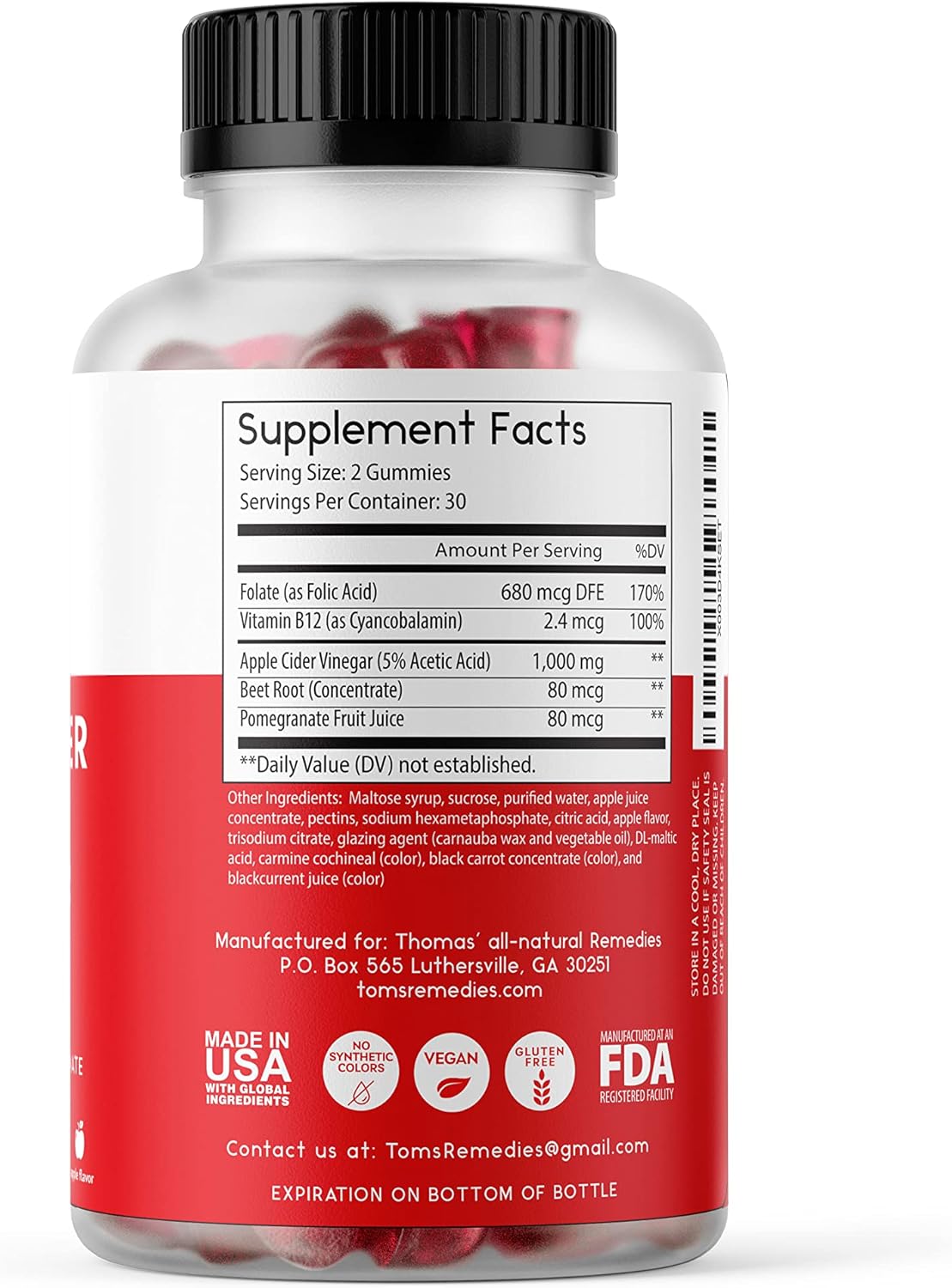Thomas' All-Natural Apple Cider Vinegar Gummies with Beet Root, Pomegranate, B9 & B12 Vitamins - 1000mg ACV Gummies - Gelatin-Free, Gluten-Free, Vegan & Non-GMO - 60 Count