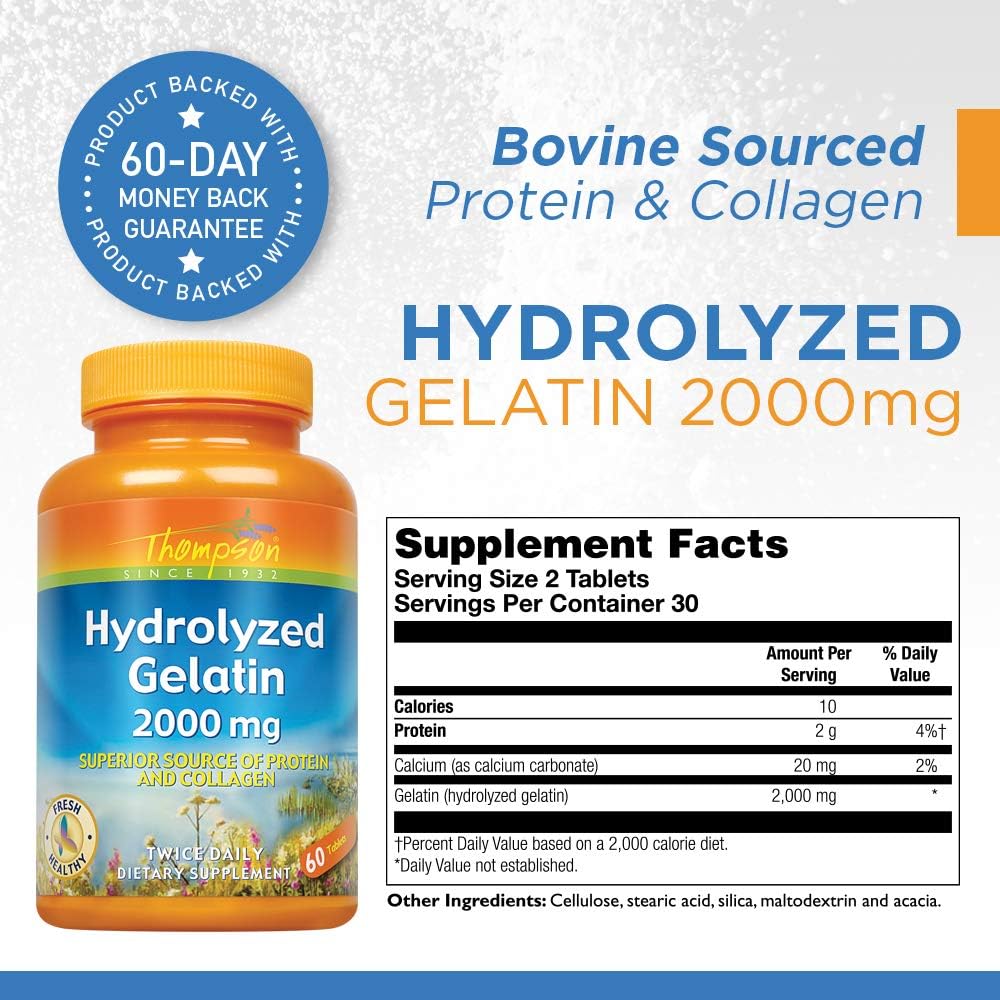 Thompson Bovine-Sourced Hydrolyzed Gelatin 2000mg Tablets for Healthy Cells & Nails Support