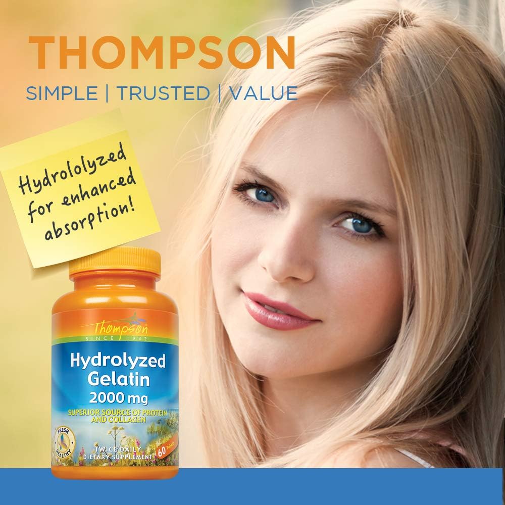 Thompson Bovine-Sourced Hydrolyzed Gelatin 2000mg Tablets for Healthy Cells & Nails Support