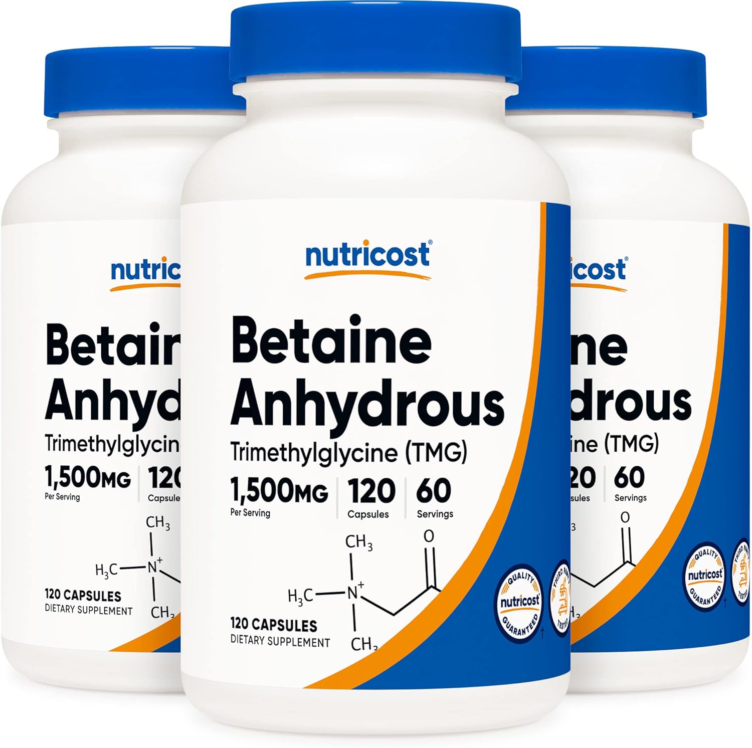 Three Bottles of Nutricost Betaine Anhydrous Capsules 1500mg - 60 Servings Each