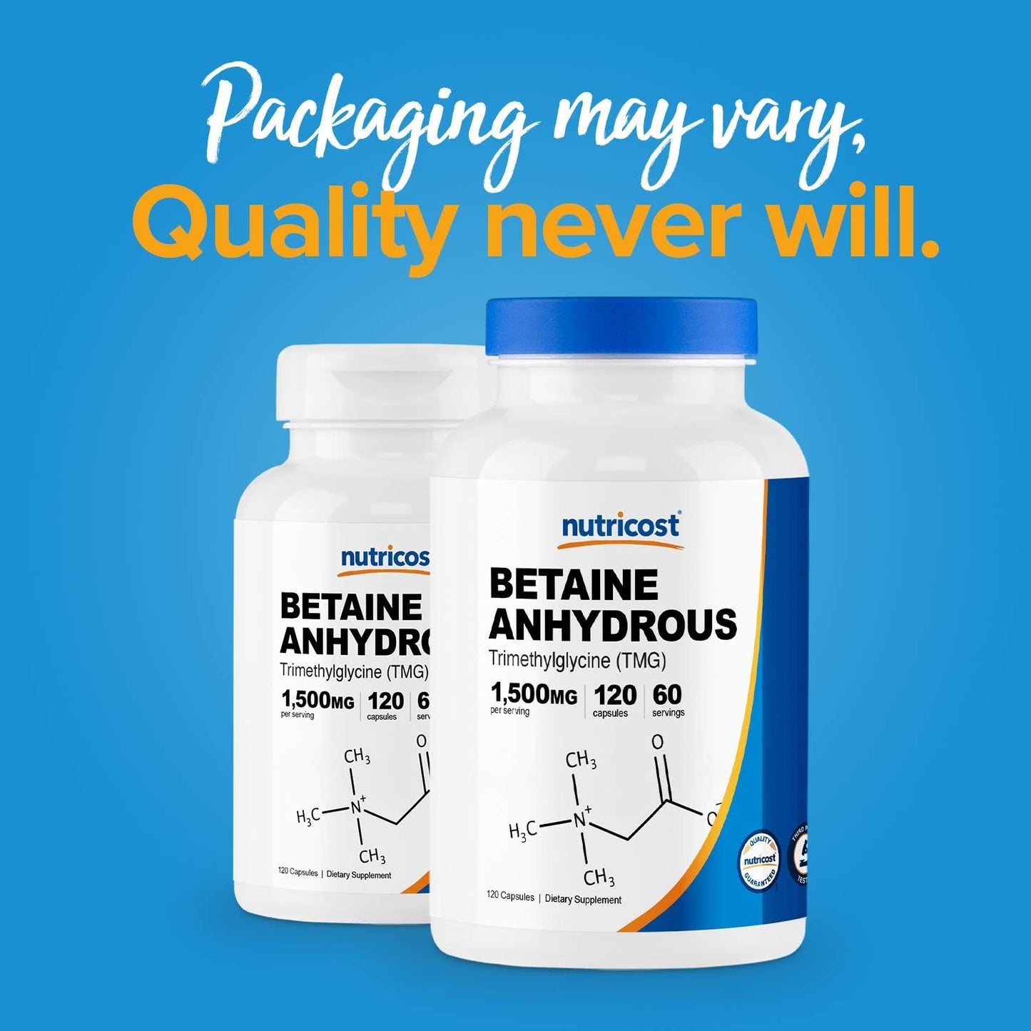 Three Bottles of Nutricost Betaine Anhydrous Capsules 1500mg - 60 Servings Each