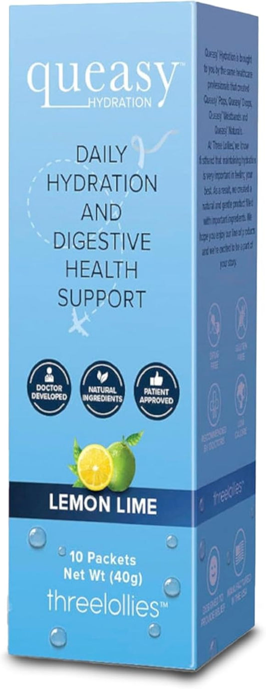 Three Lollies Queasy Hydration MD Packets - Natural Digestive Support for Treatment, Rehydration, Nausea Relief & Nutrient Replacement - 10 Packets
