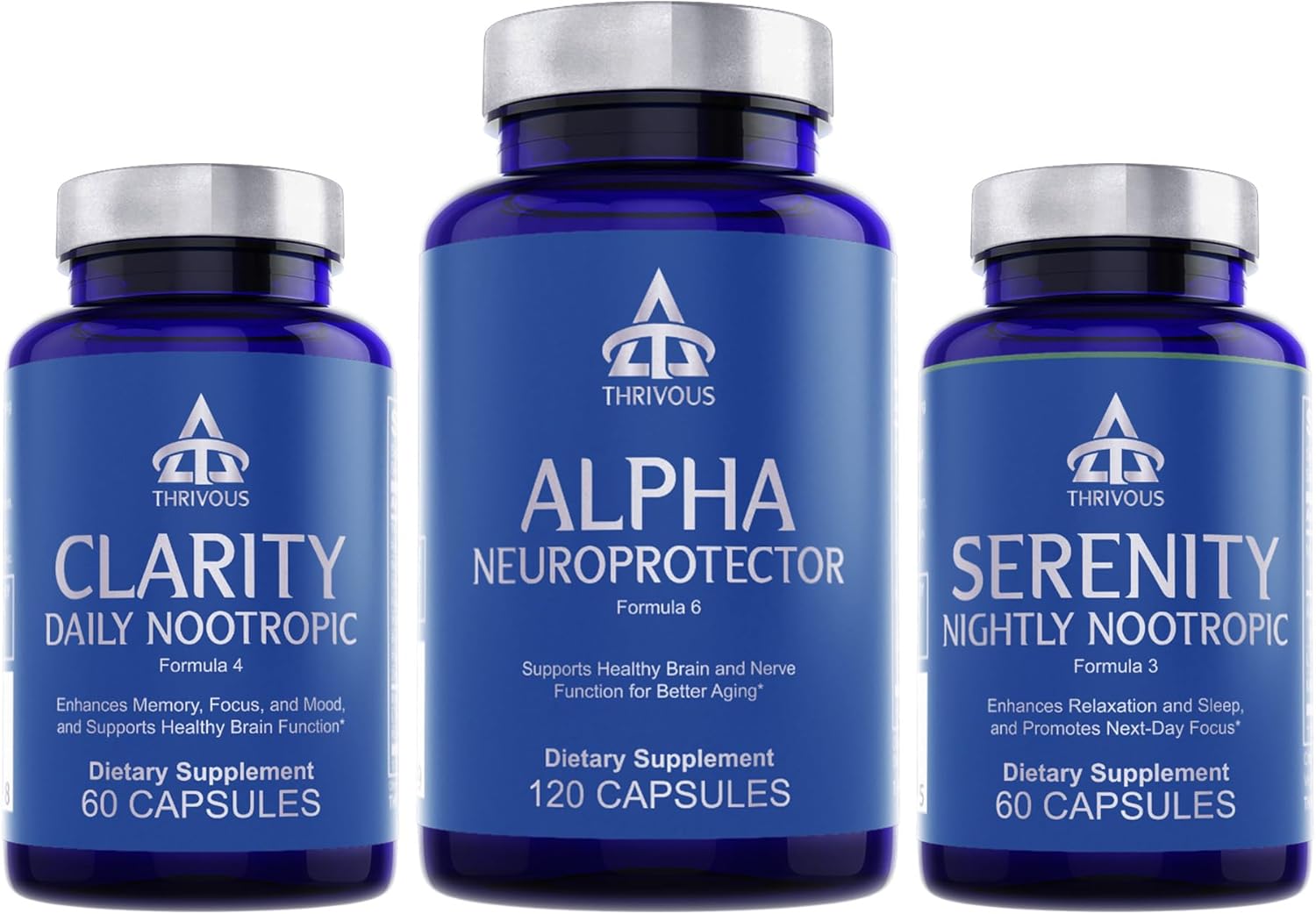 Thrivous Nootropic Stack for Better Aging - Memory, Sleep, & Brain Function - Advanced Supplement with Clarity, Alpha & Serenity - 3 Bottles, 240 Capsules