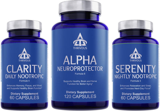Thrivous Nootropic Stack for Better Aging - Memory, Sleep, & Brain Function - Advanced Supplement with Clarity, Alpha & Serenity - 3 Bottles, 240 Capsules