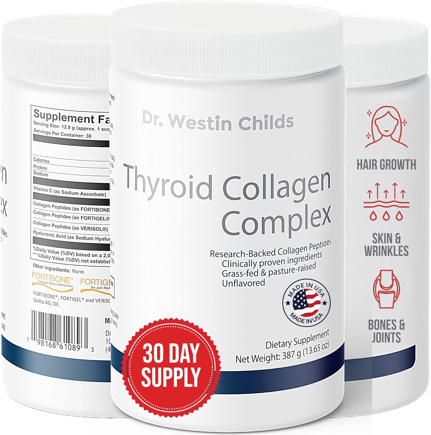 Thyroid Collagen Complex with Patented Peptides Protein Powder for Hair, Skin, Nails, Joints, & Digestion - Grass-fed, Unflavored, 13.6oz